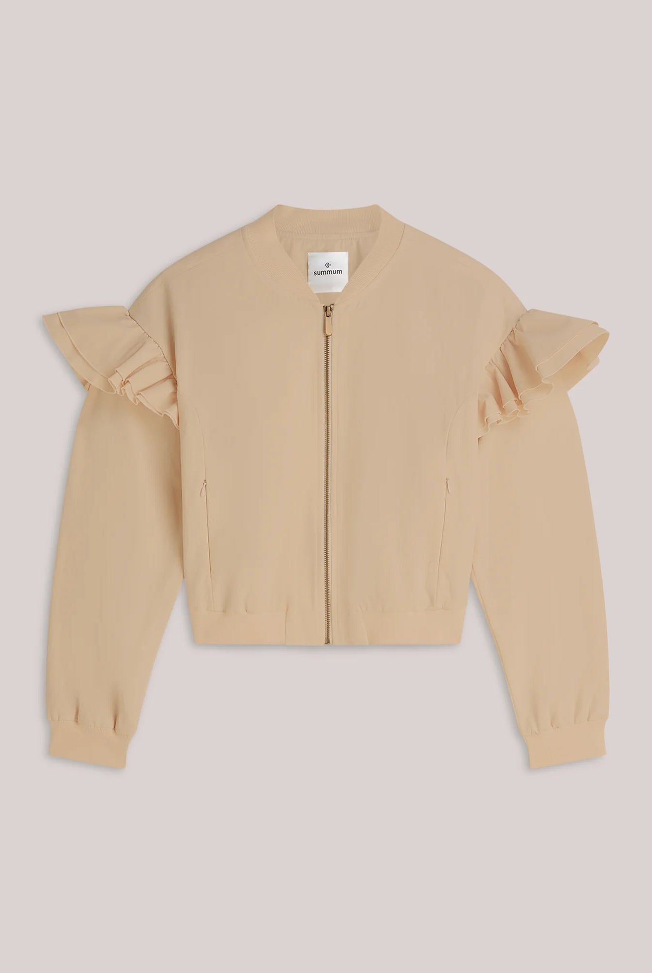 Summum bomber jacket with frill shoulder flat lay on neutral background
