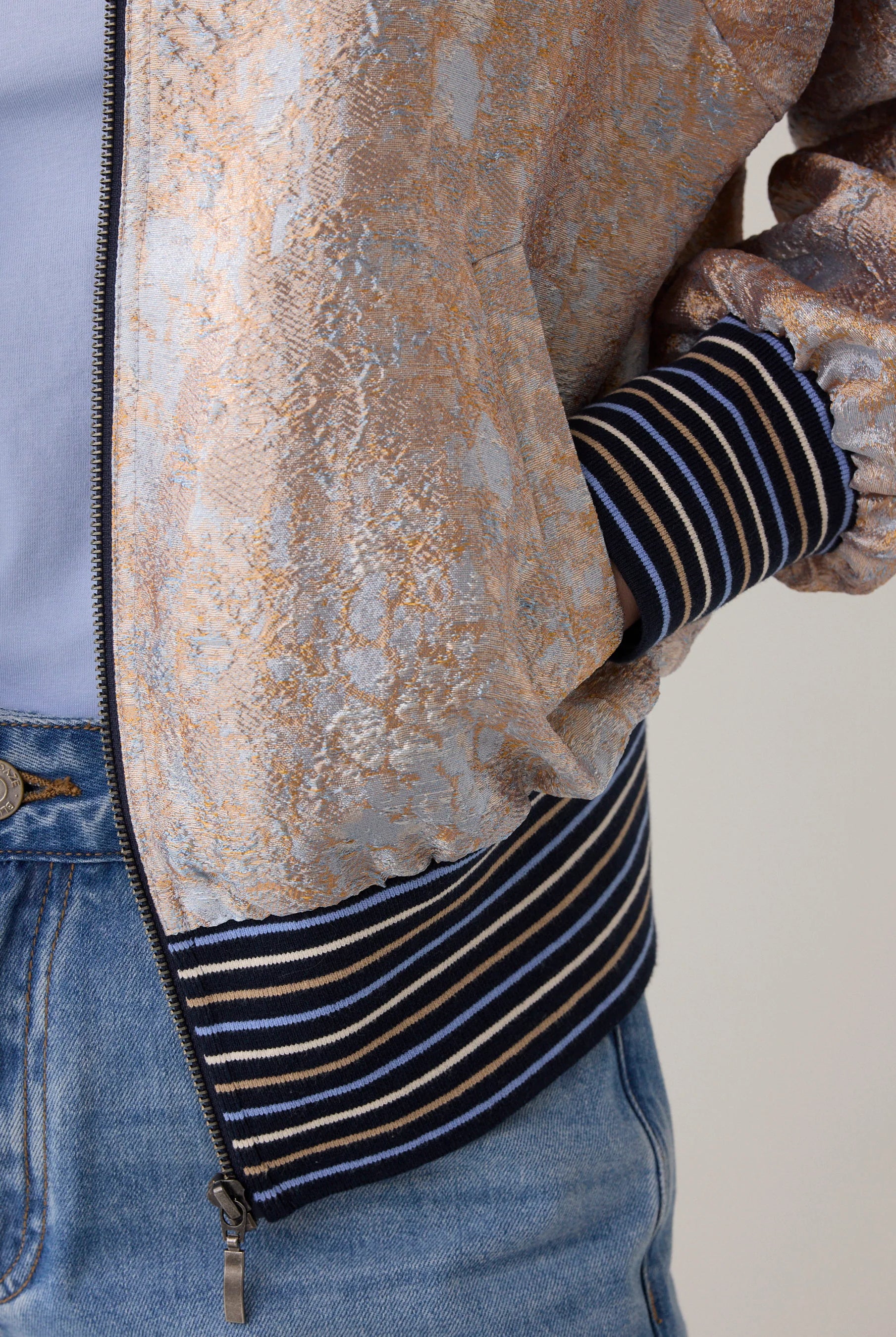 Summum jacquard bomber jacket close up of textured fabric and cuff