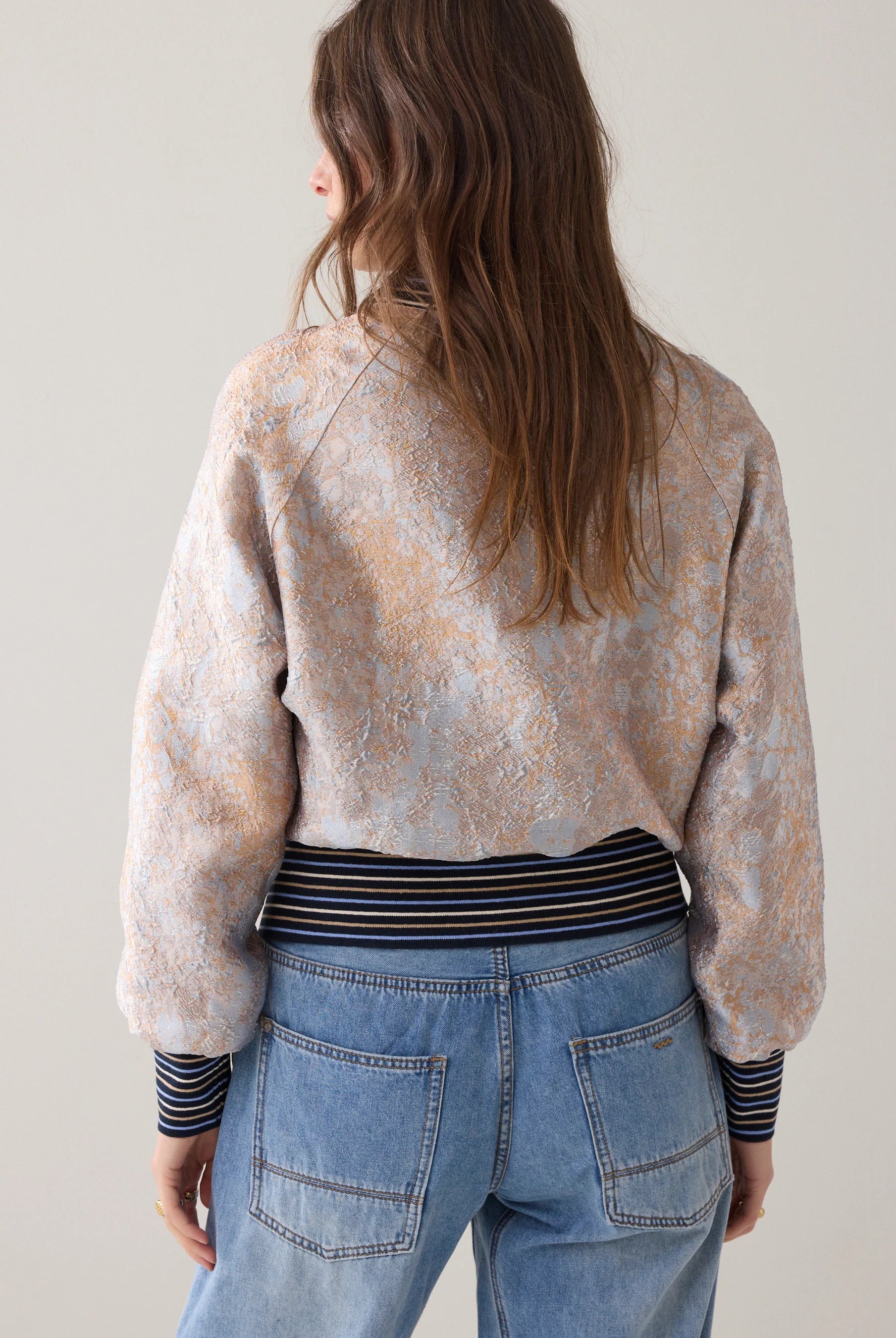 Summum jacquard print bomber jacket back view with striped waistband