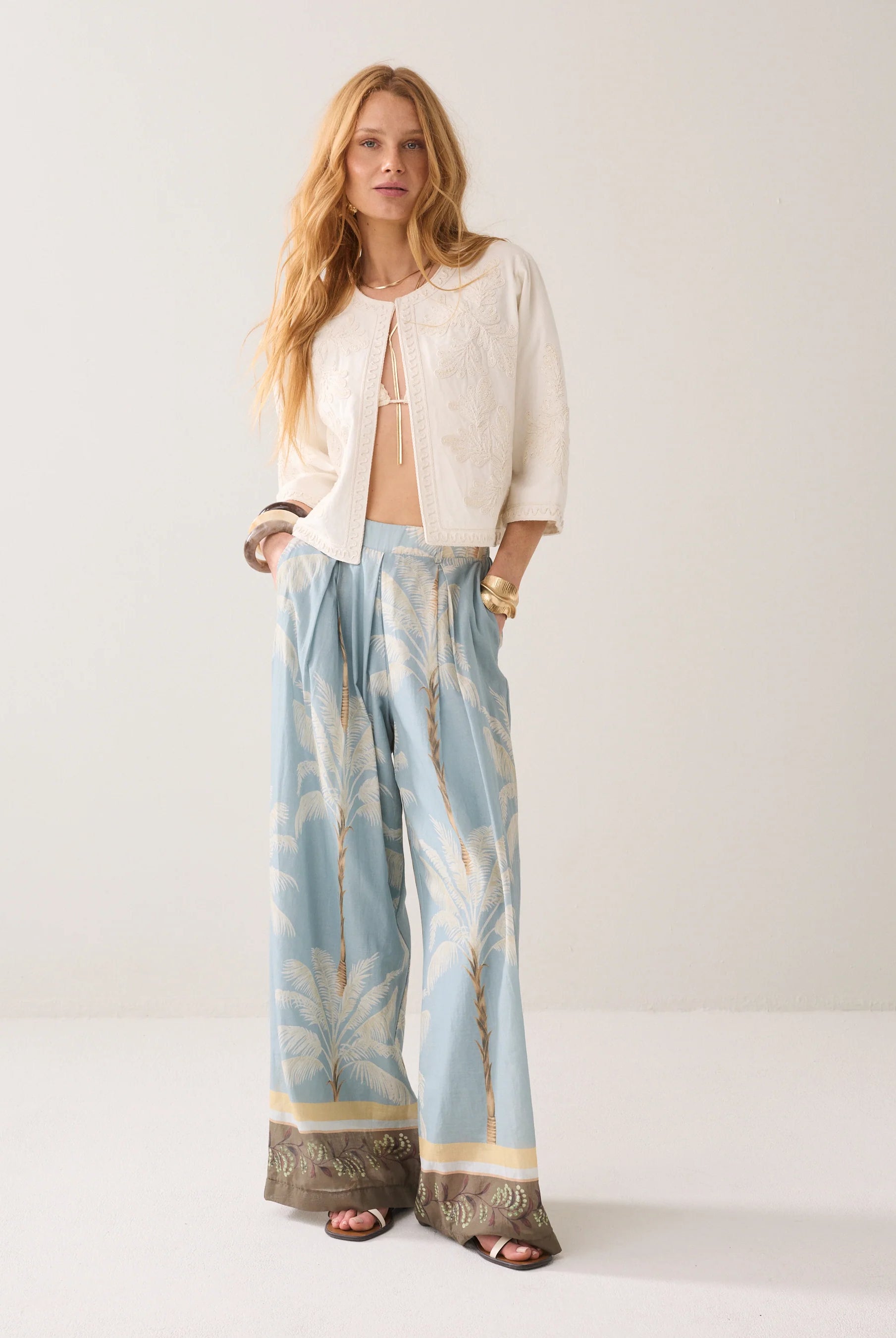 Summum cream cotton jacket with embroidery and bead detail outfit view