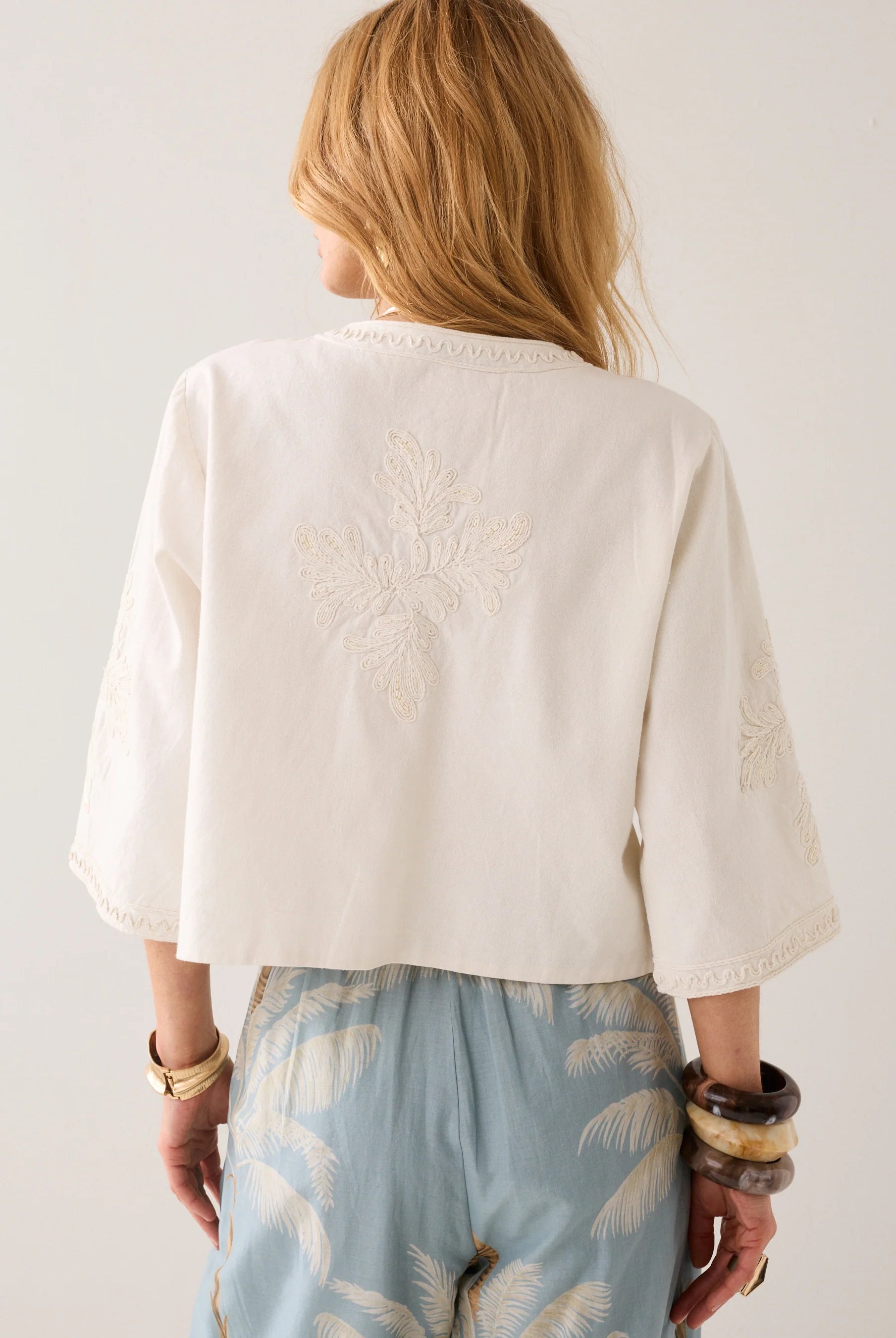 Summum embroidered cotton jacket back view cream boxy fit