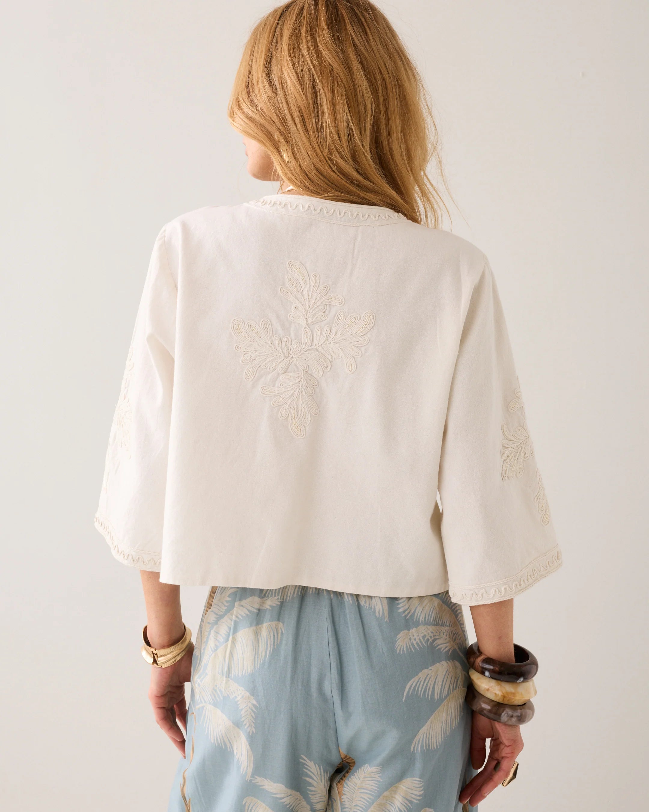Summum embroidered cotton jacket back view cream boxy fit