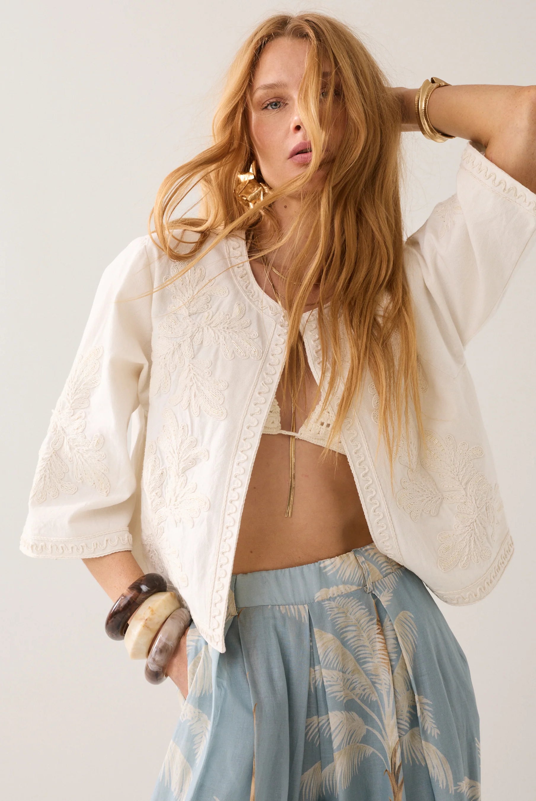 Summum cream embroidered jacket three quarter sleeve detail