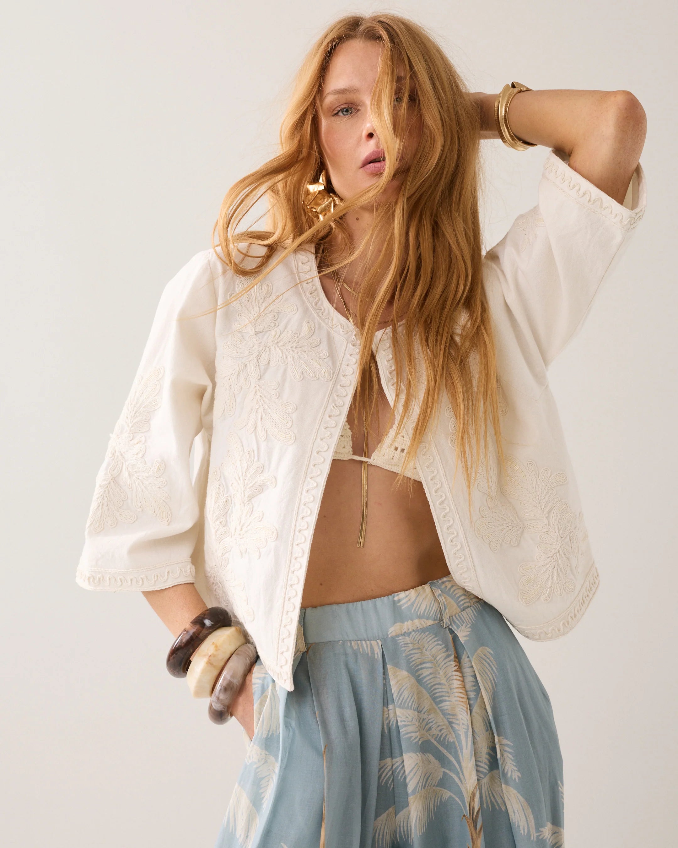 Summum cream embroidered jacket three quarter sleeve detail