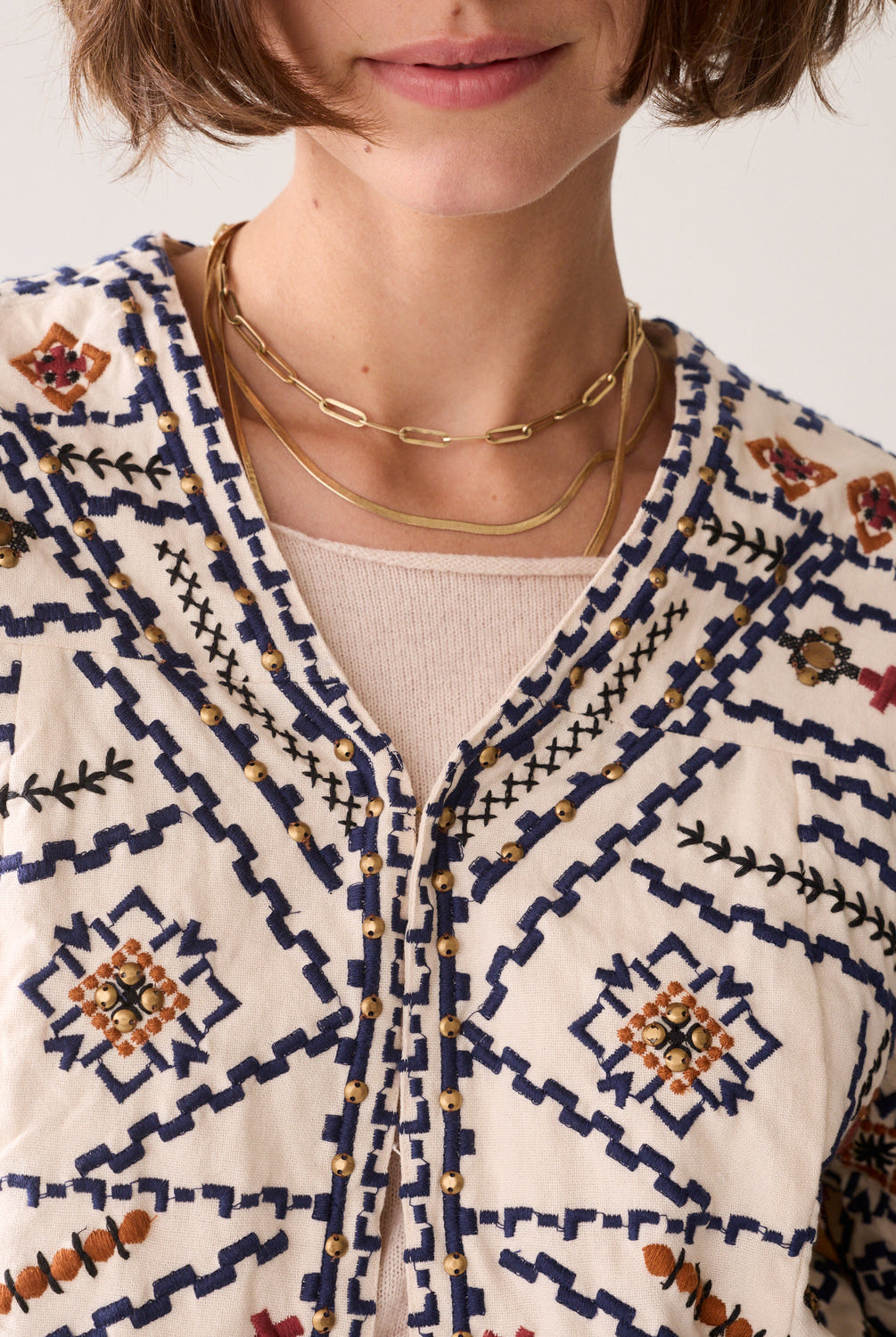 Summum Cream navy embroidered boho jacket styled