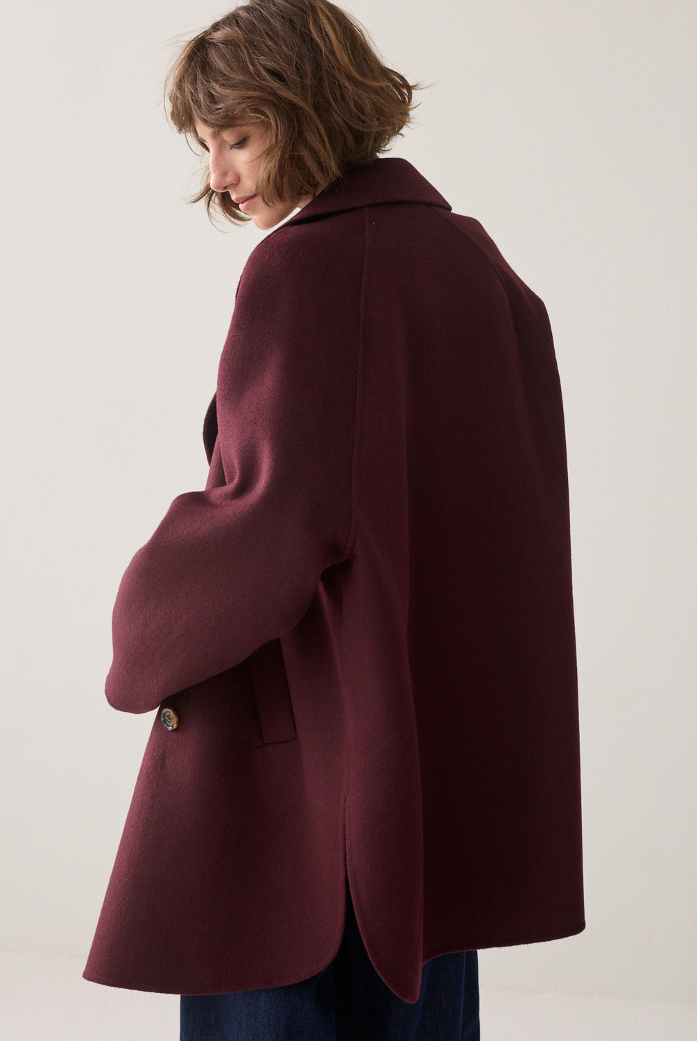 Summum burgundy wool blend coat back view
