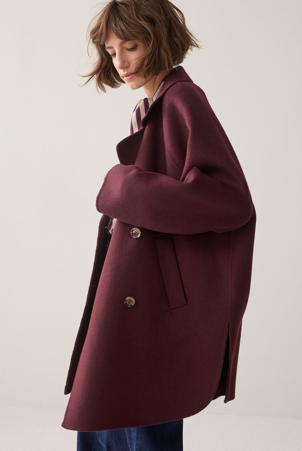 Summum burgundy double breasted coat side view