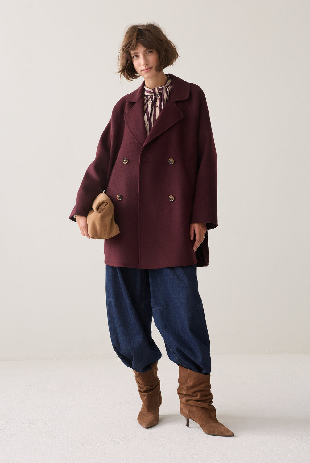 Summum burgundy double breasted wool blend coat front view