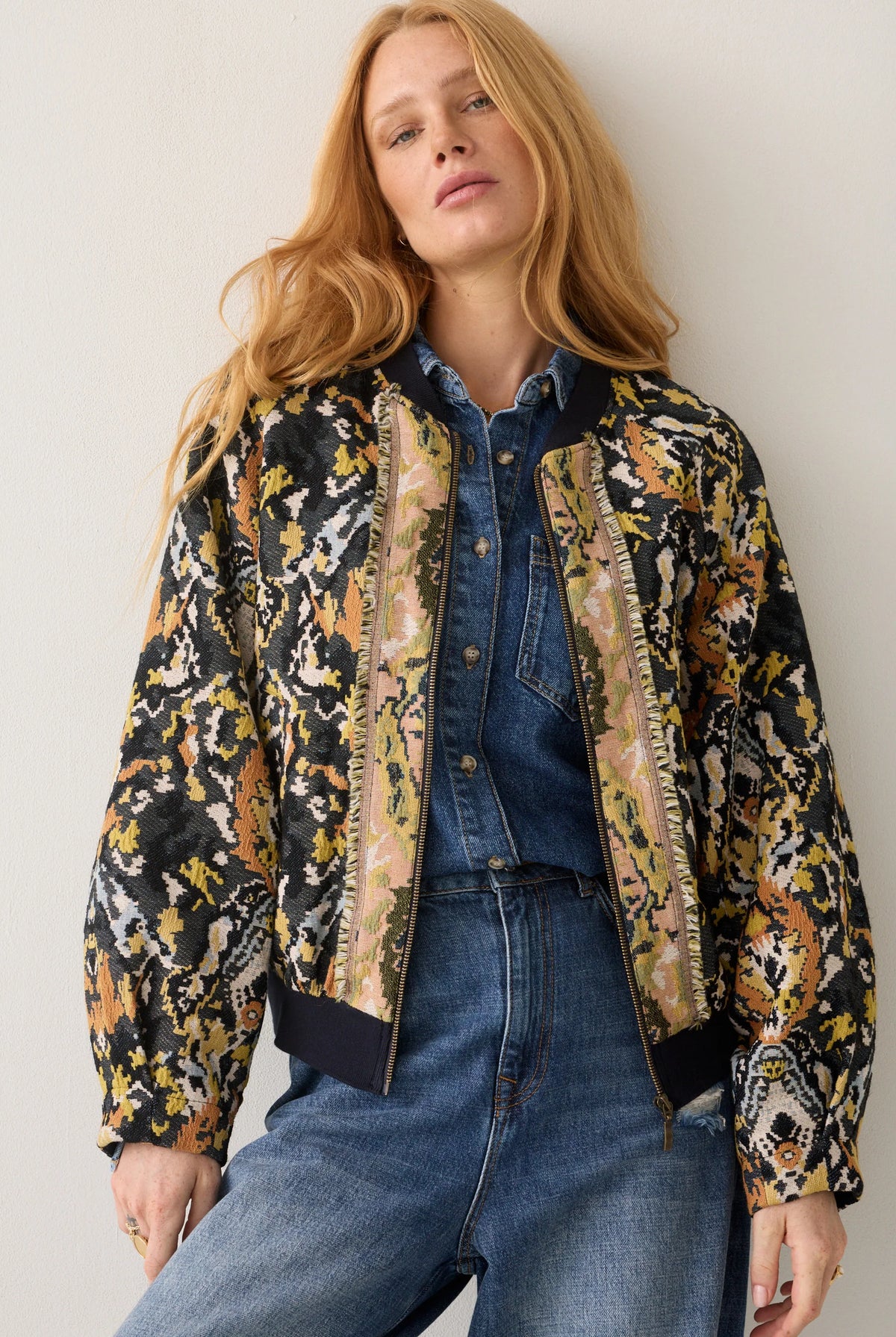 Summum jacquard bomber jacket – front model view over denim shirt