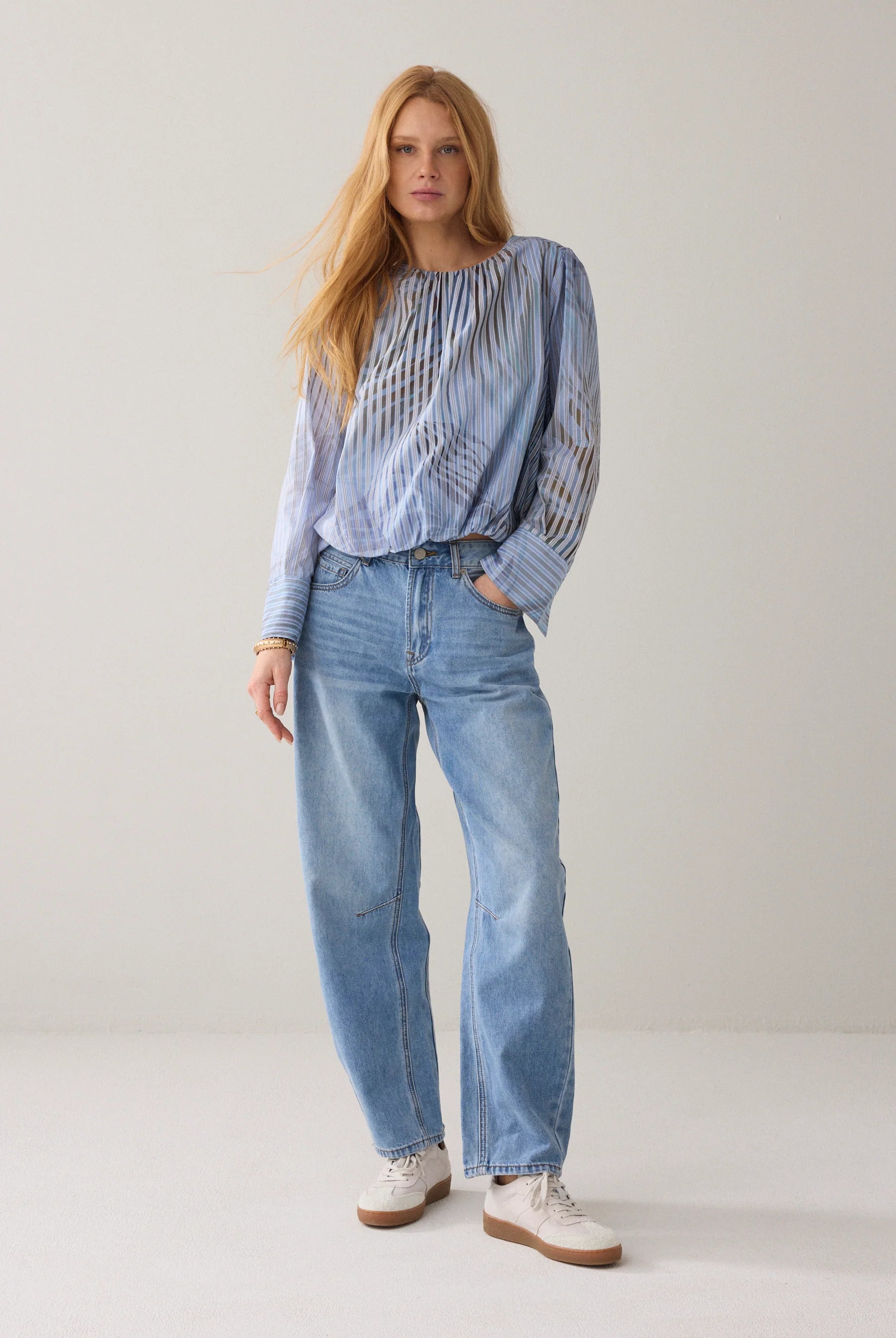 Summum Stripe Leaf Print Boat Neck Blouse worn with jeans, front view showing relaxed fit and soft drape