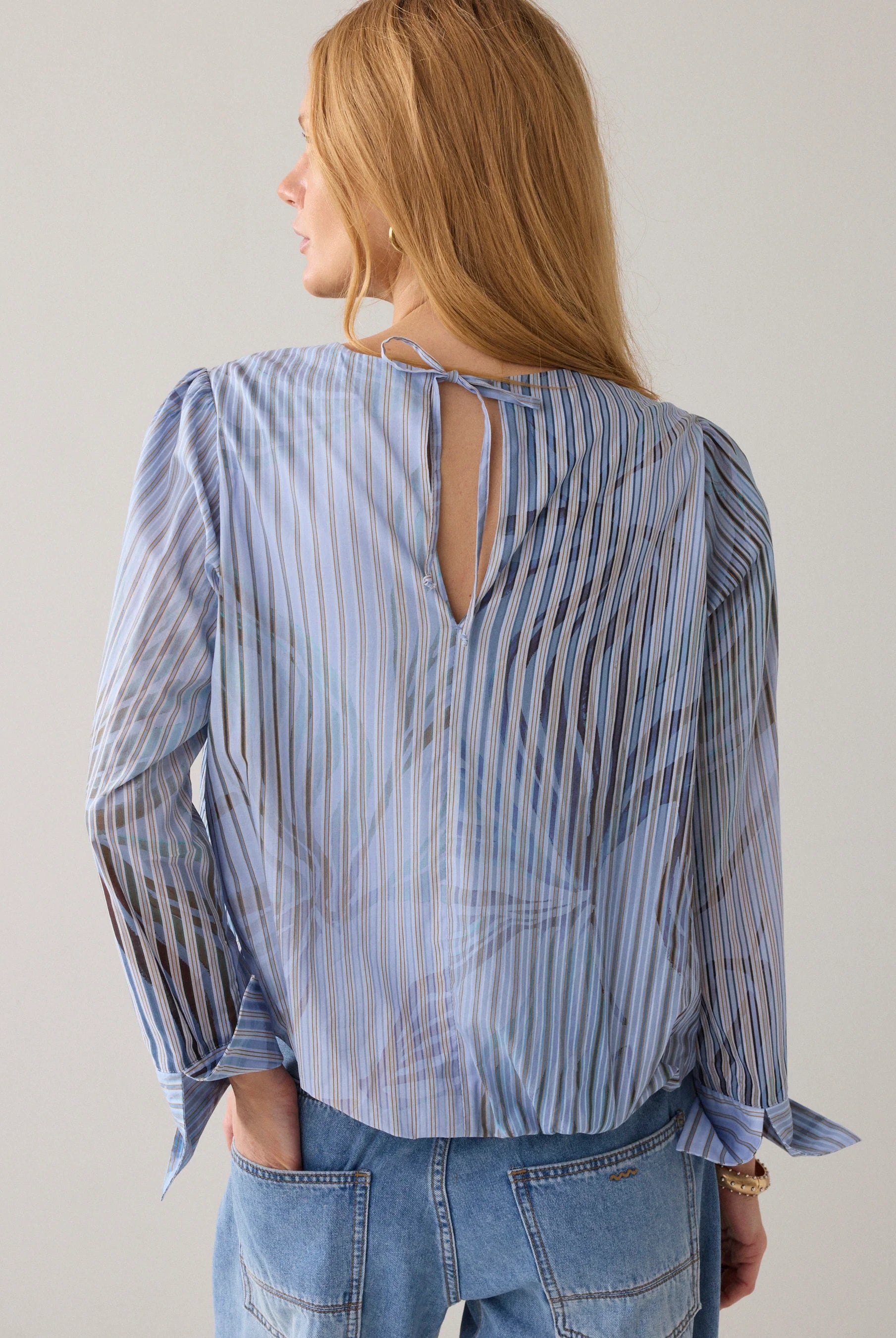 Summum Stripe Leaf Print Boat Neck Blouse back view showing keyhole opening and fabric tie fastening at the neck