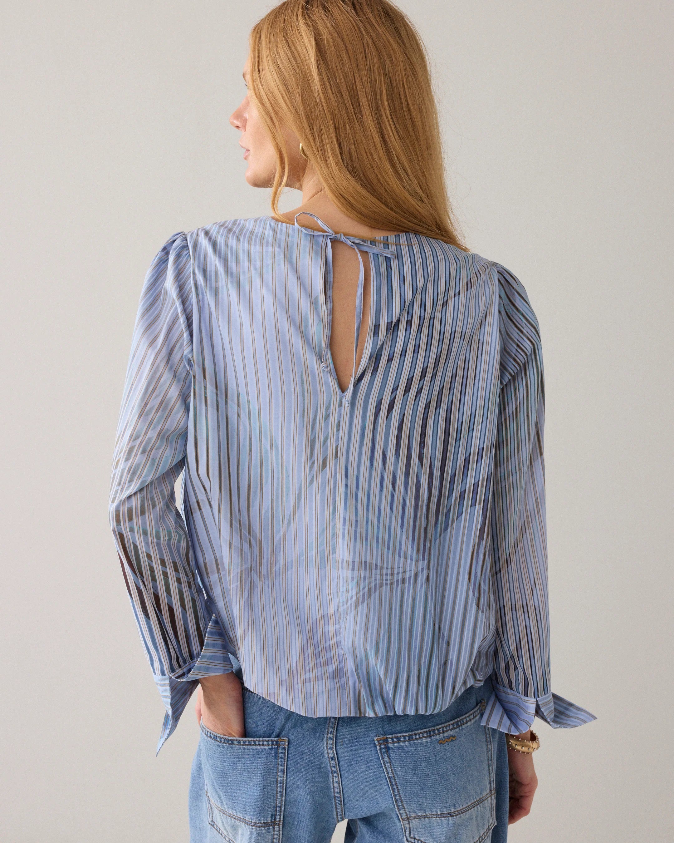 Summum Stripe Leaf Print Boat Neck Blouse back view showing keyhole opening and fabric tie fastening at the neck