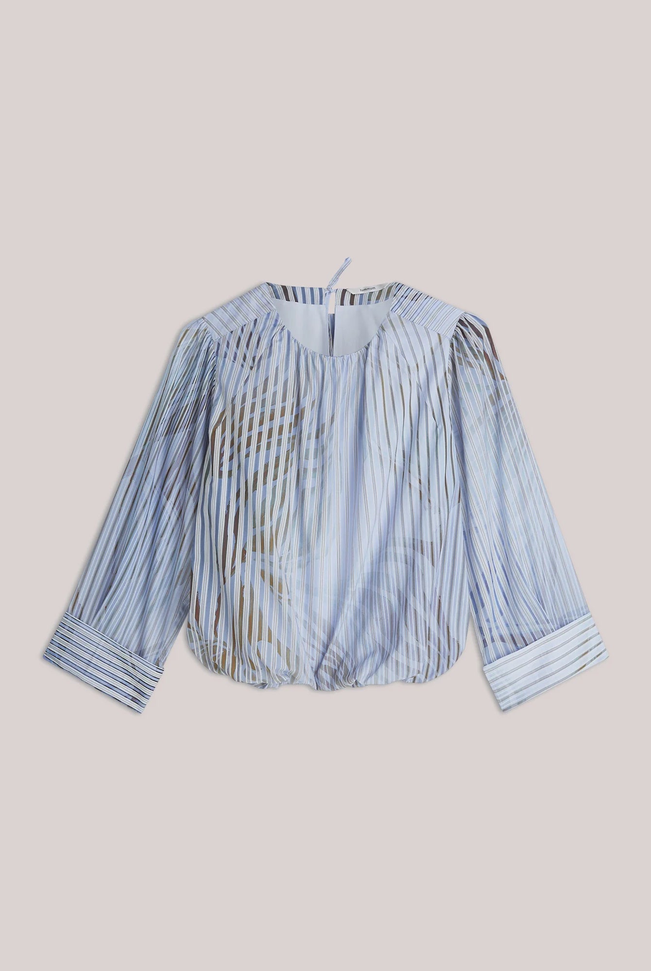 Summum Stripe Leaf Print Boat Neck Blouse flat lay showing full shape, striped leaf print and wide sleeves