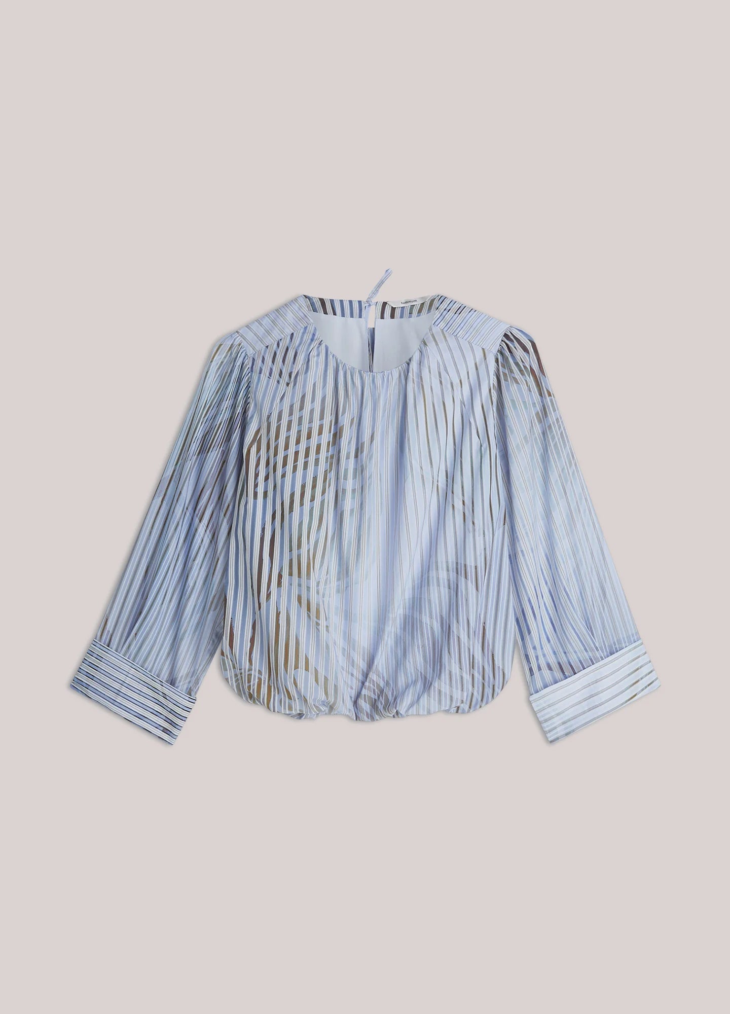 Summum Stripe Leaf Print Boat Neck Blouse flat lay showing full shape, striped leaf print and wide sleeves