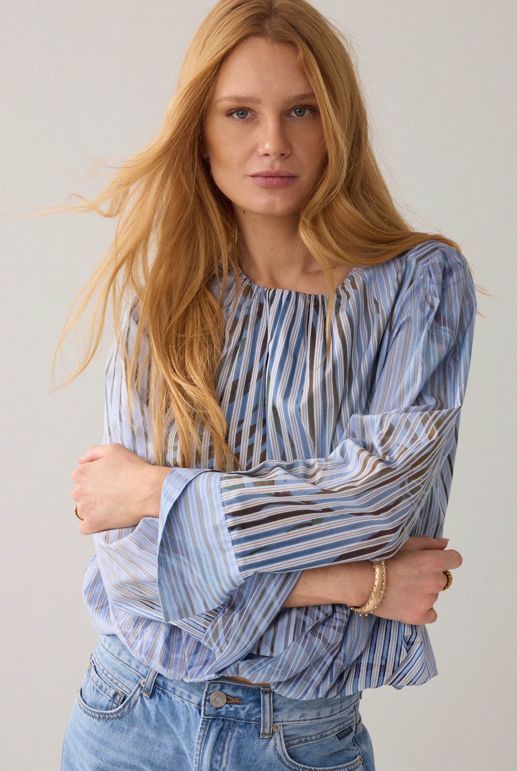 Summum Stripe Leaf Print Boat Neck Blouse front detail showing semi-sheer striped leaf pattern and boat neckline