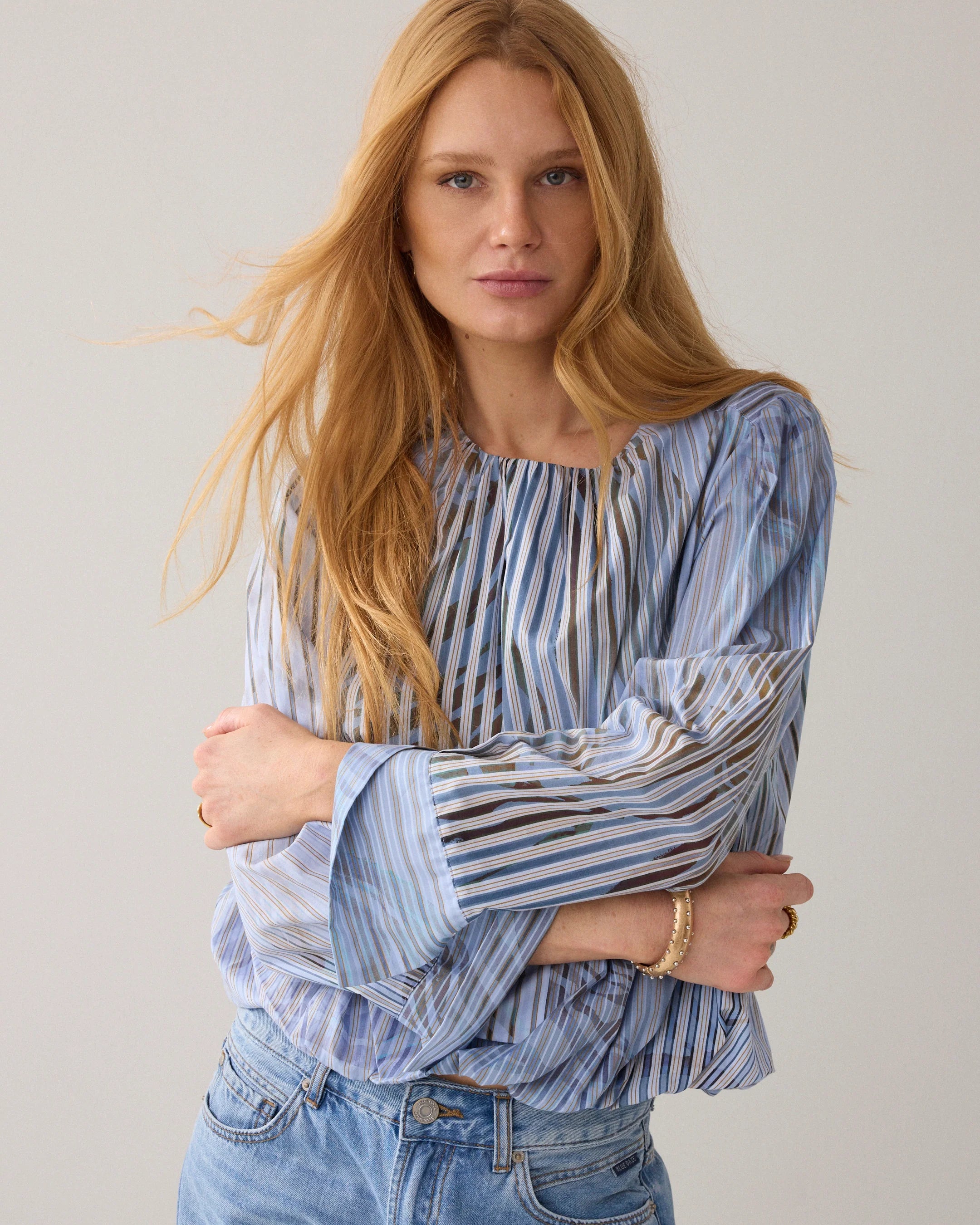 Summum Stripe Leaf Print Boat Neck Blouse front detail showing semi-sheer striped leaf pattern and boat neckline