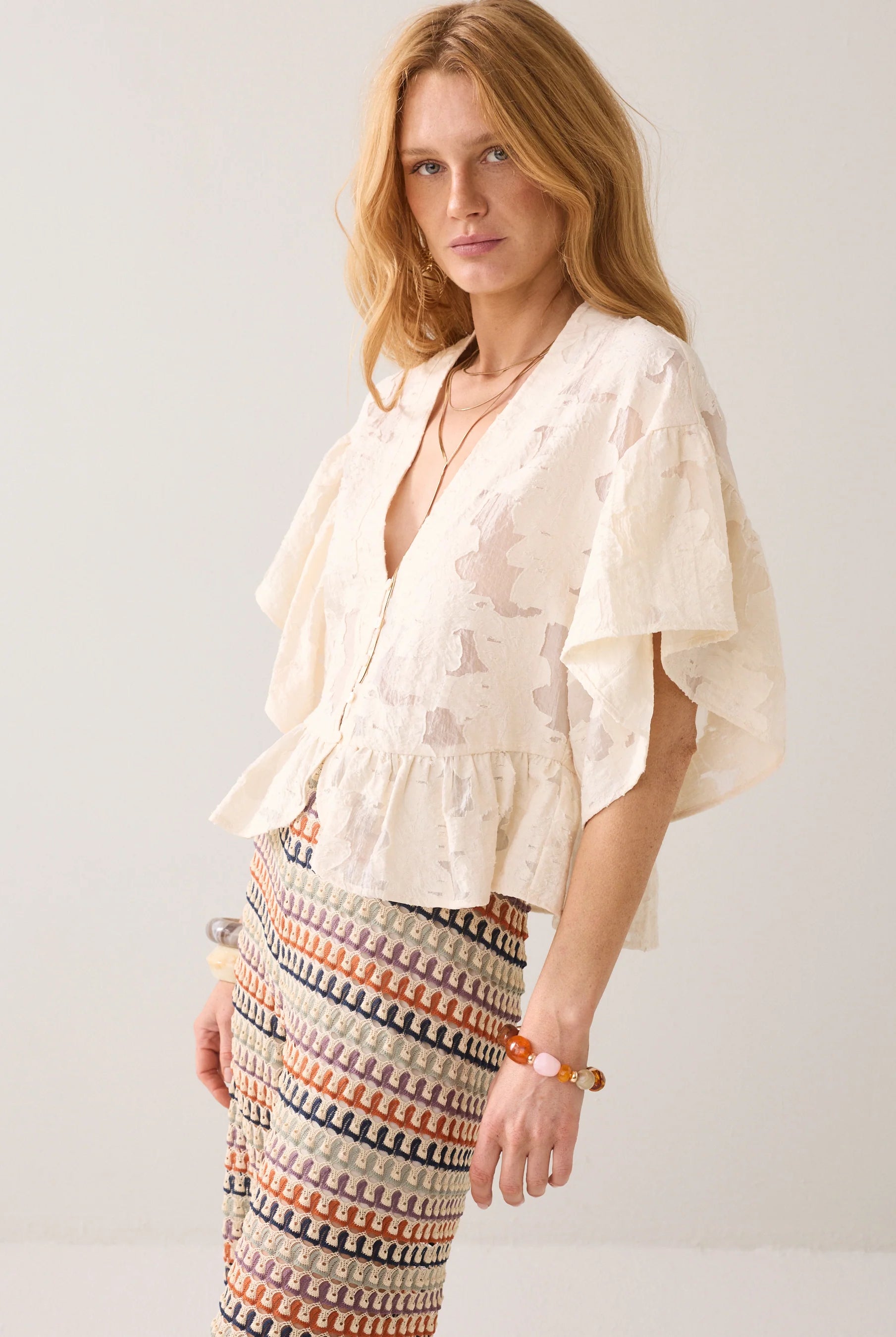 Summum cream V neck blouse with scallop shell buttons