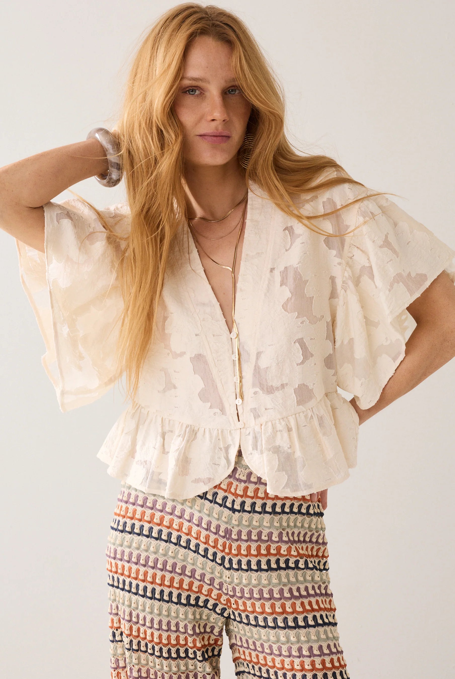 Summum cream peplum blouse with wide flounce sleeves