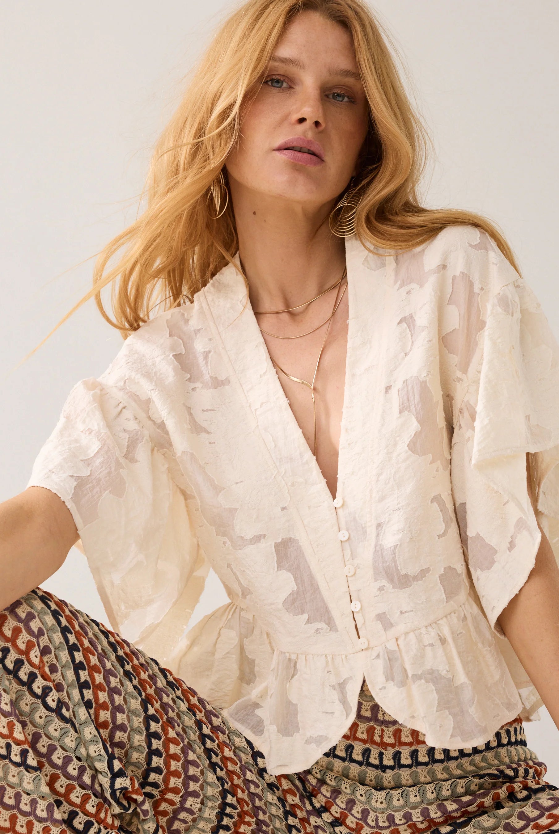 Summum cream burnout brocade peplum blouse front view