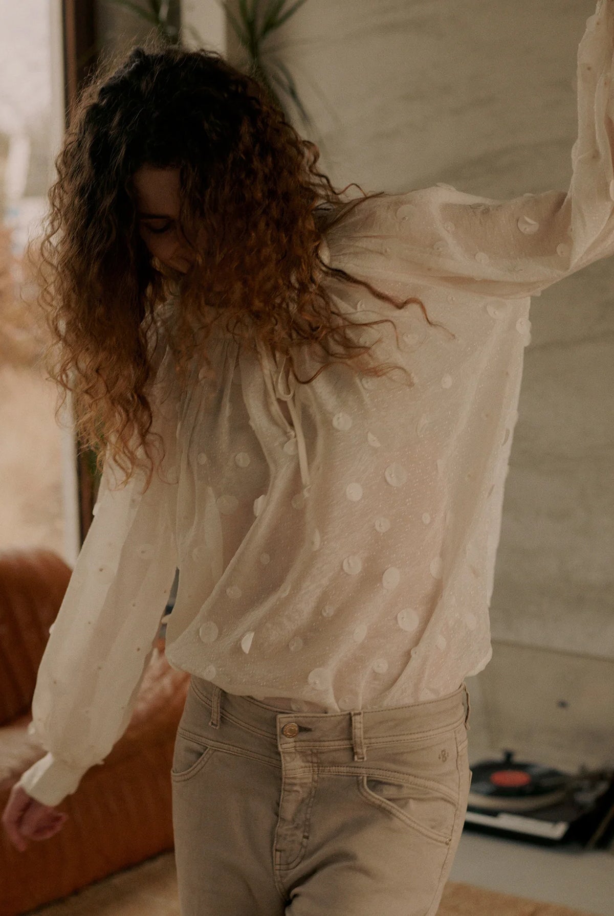 Summum cream embellished blouse – lifestyle model view