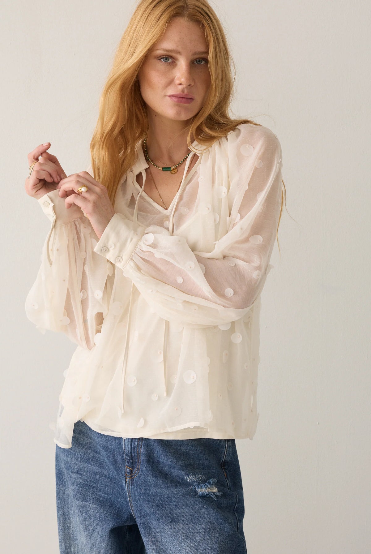 Summum cream sheer embellished blouse – front model view
