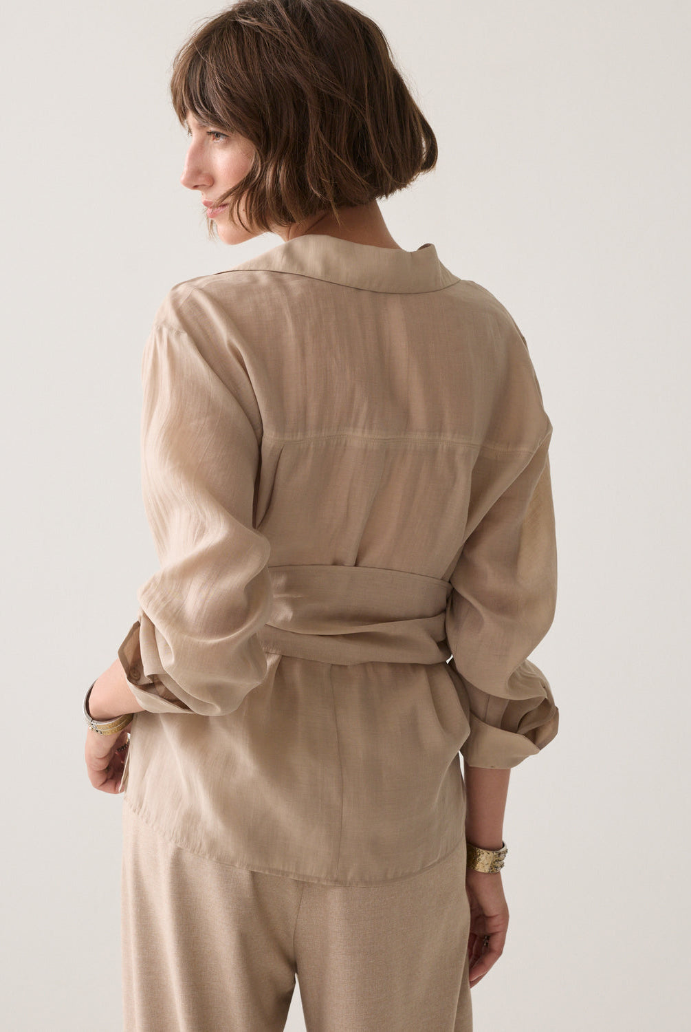 Back view of Summum sand lyocell wrap blouse