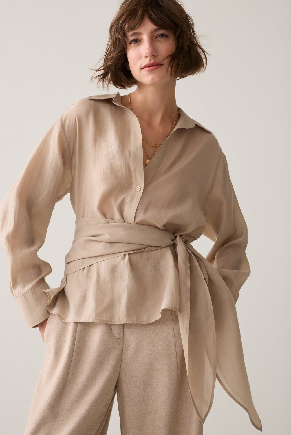 Summum beige wrap tie lyocell blouse front view
