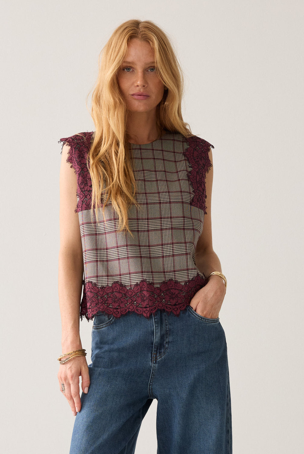 Women’s Summum check lace trim sleeveless top styled with wide leg jeans