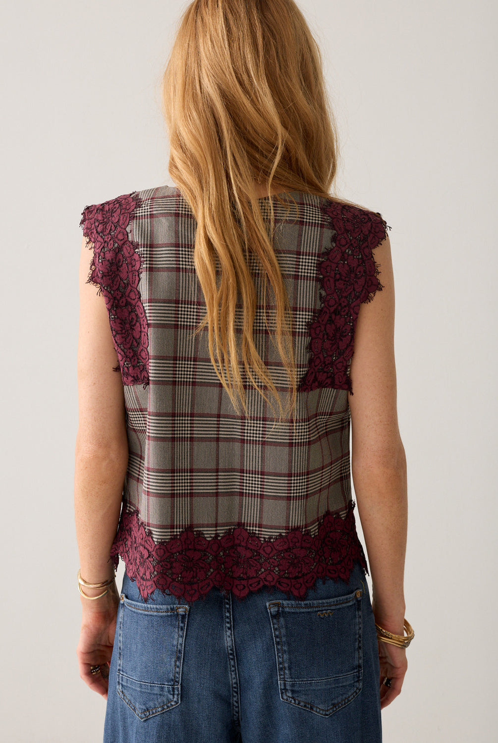 Summum grey burgundy check sleeveless top back view