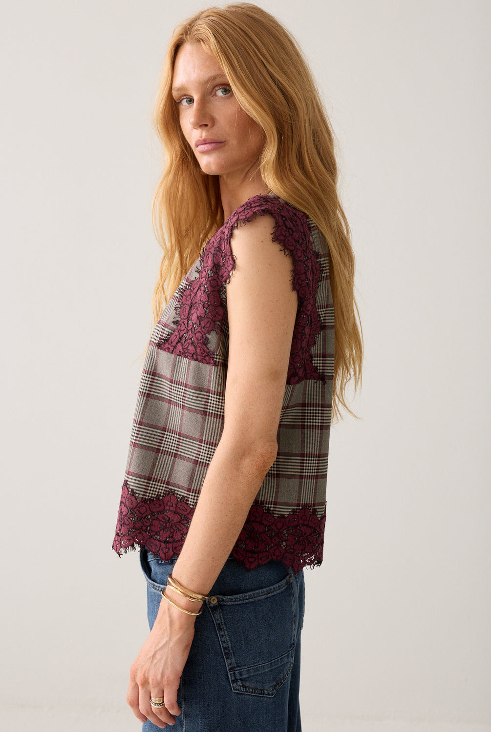 Side view of Summum check lace trim sleeveless top