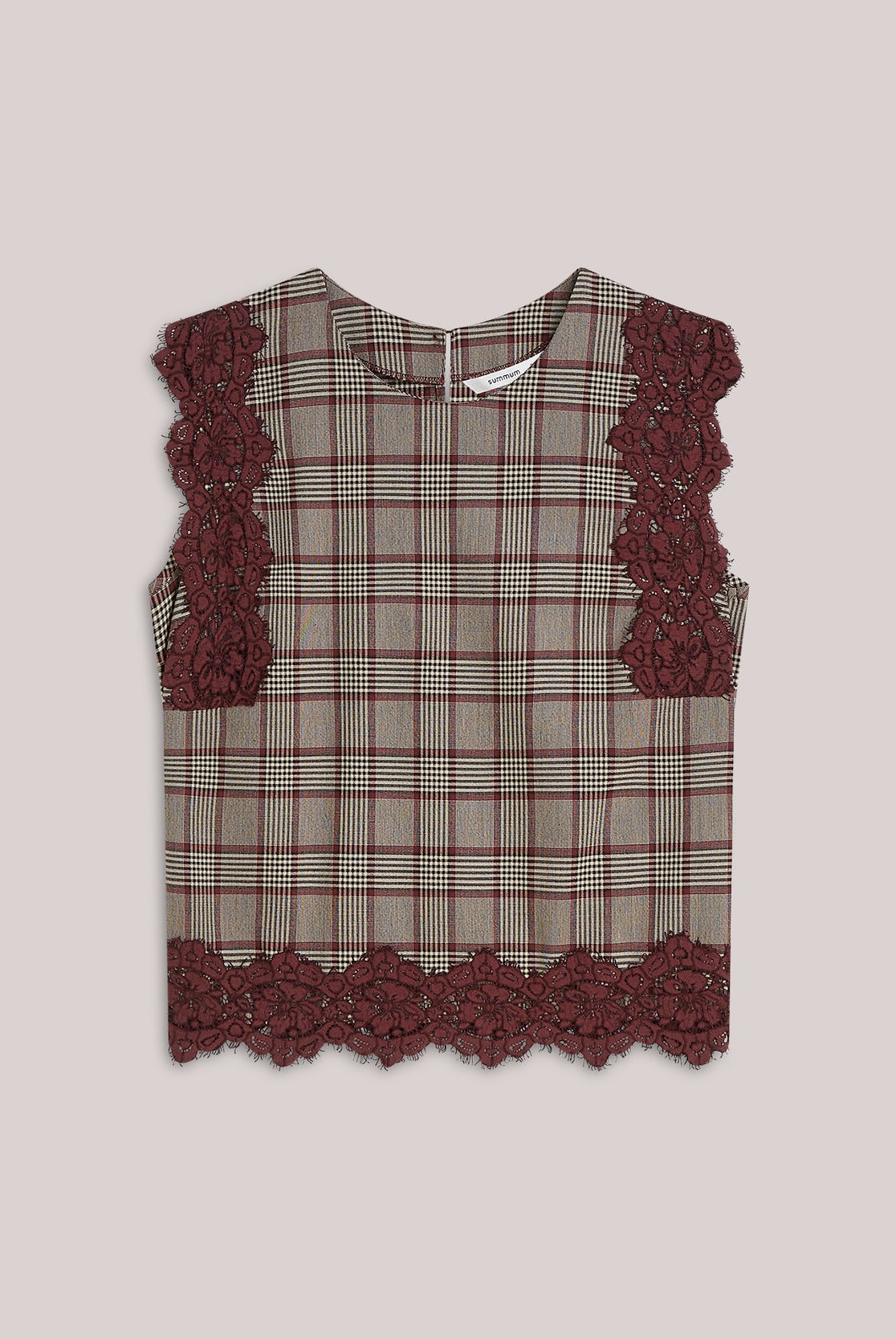 Summum grey burgundy check lace trim sleeveless top product image
