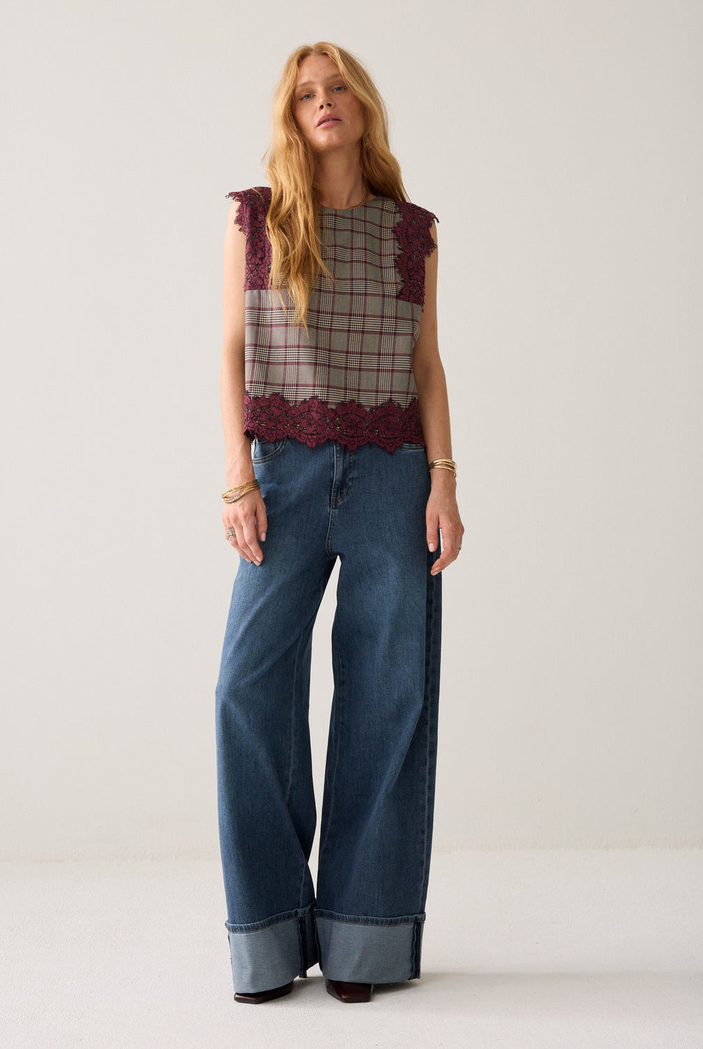 Summum grey burgundy check lace trim sleeveless top front view