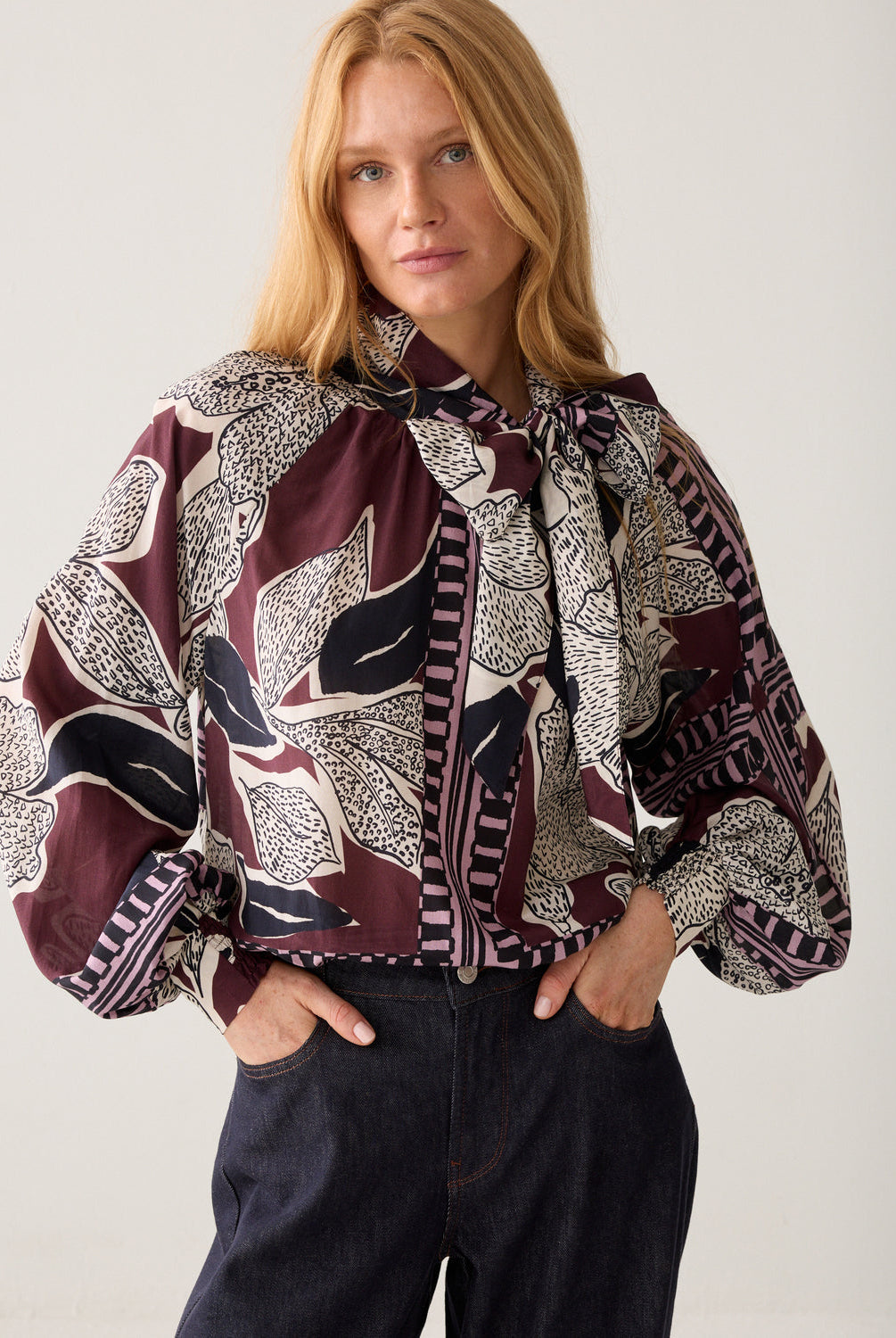 Summum burgundy floral bow blouse for women front view