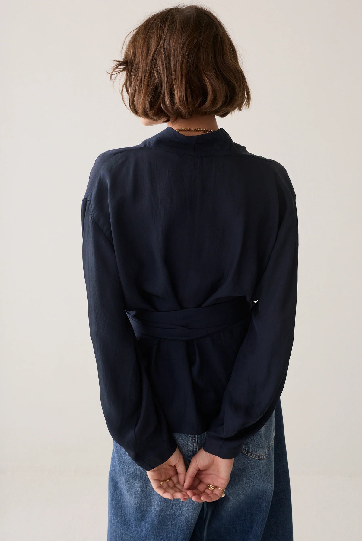 Summum navy tie waist blouse – back model view