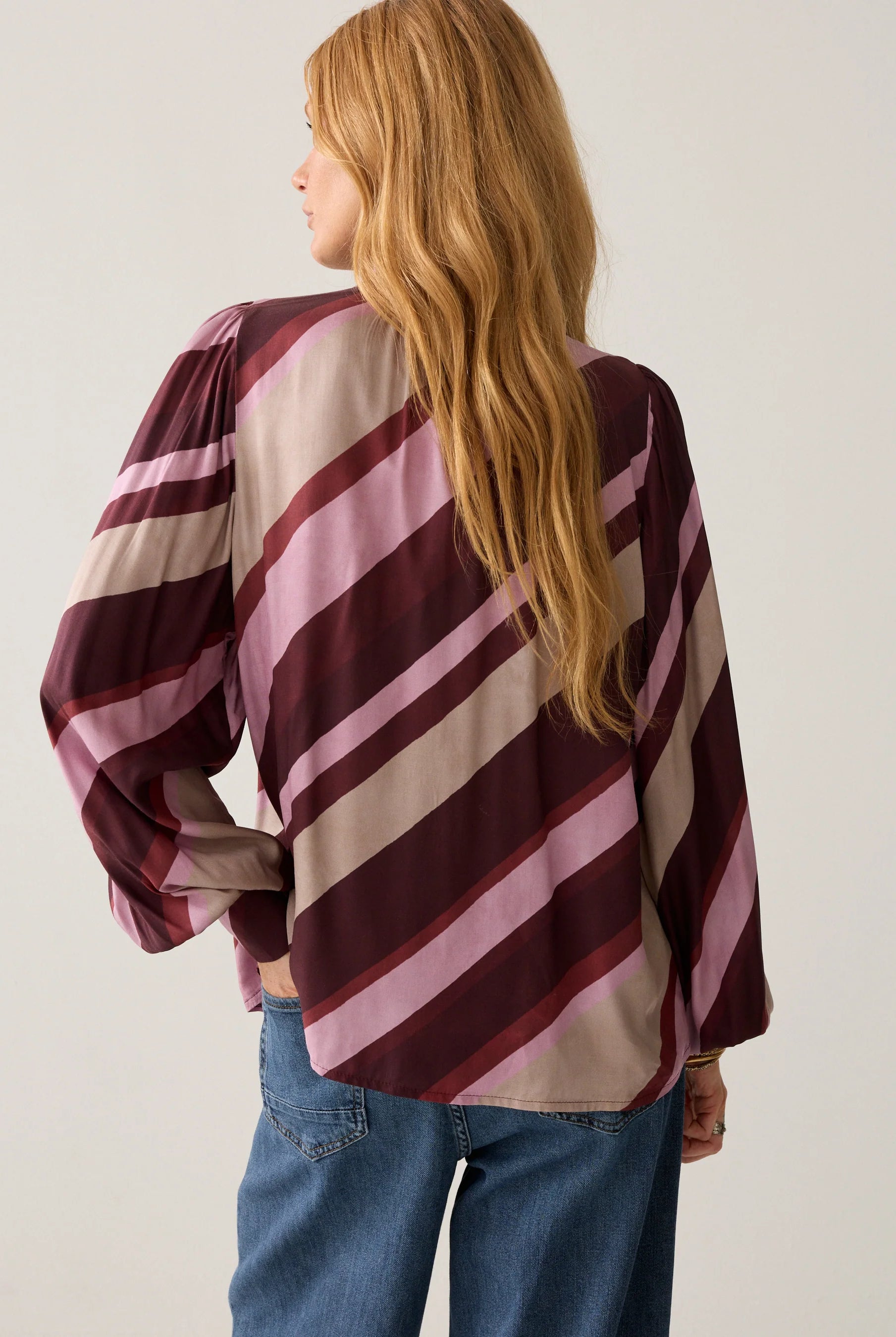 Back view of Summum burgundy stripe blouse