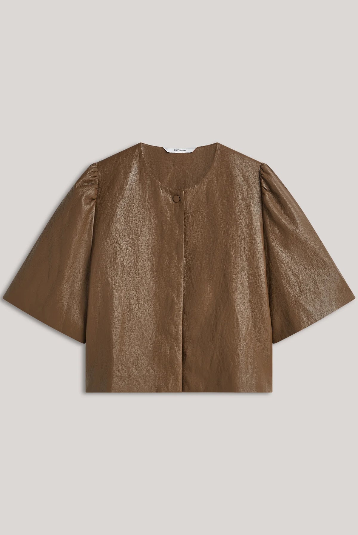 Summum brown faux leather blouse jacket with elbow-length puff sleeves – front product image