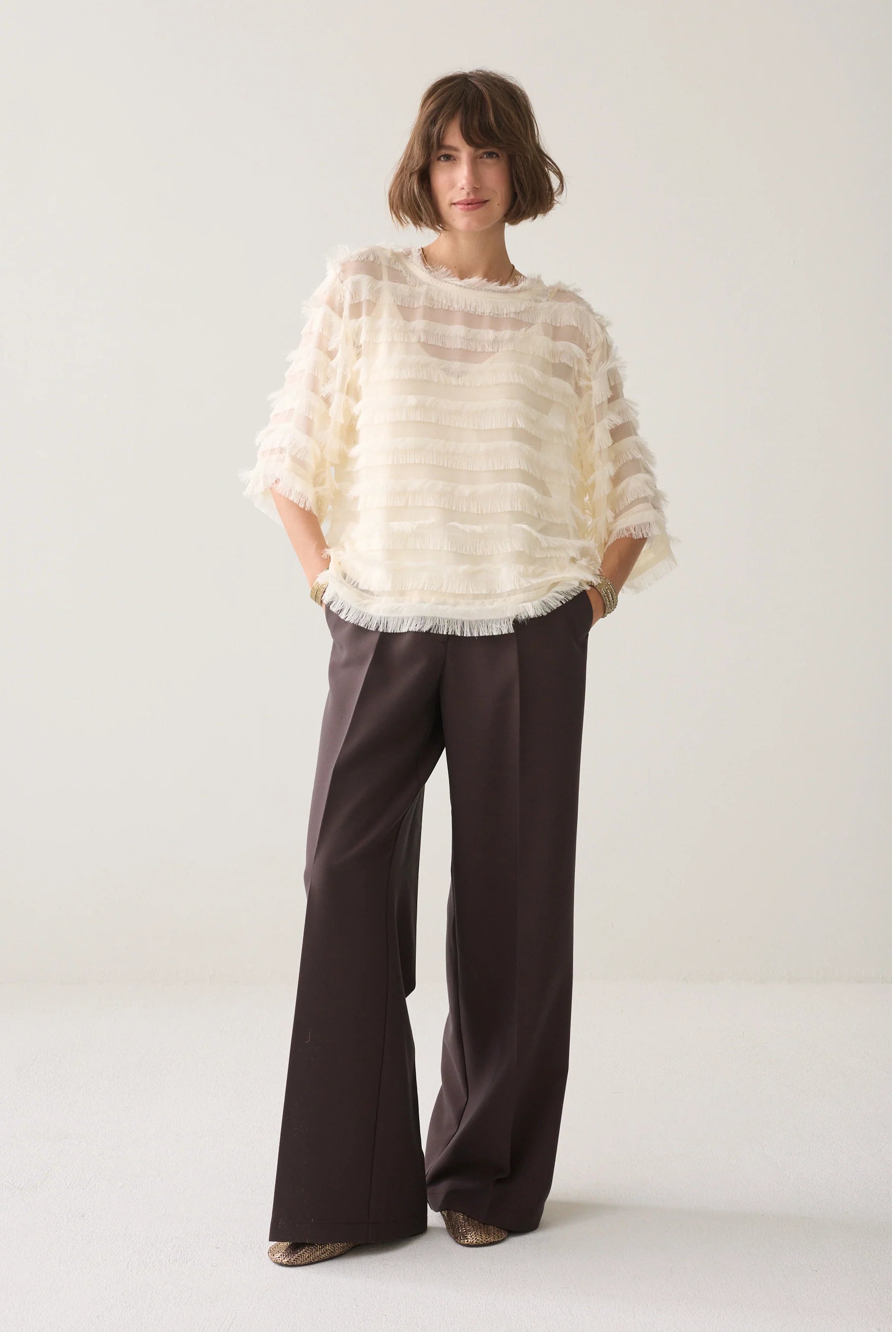 Summum cream loose fit three-quarter sleeve textured top