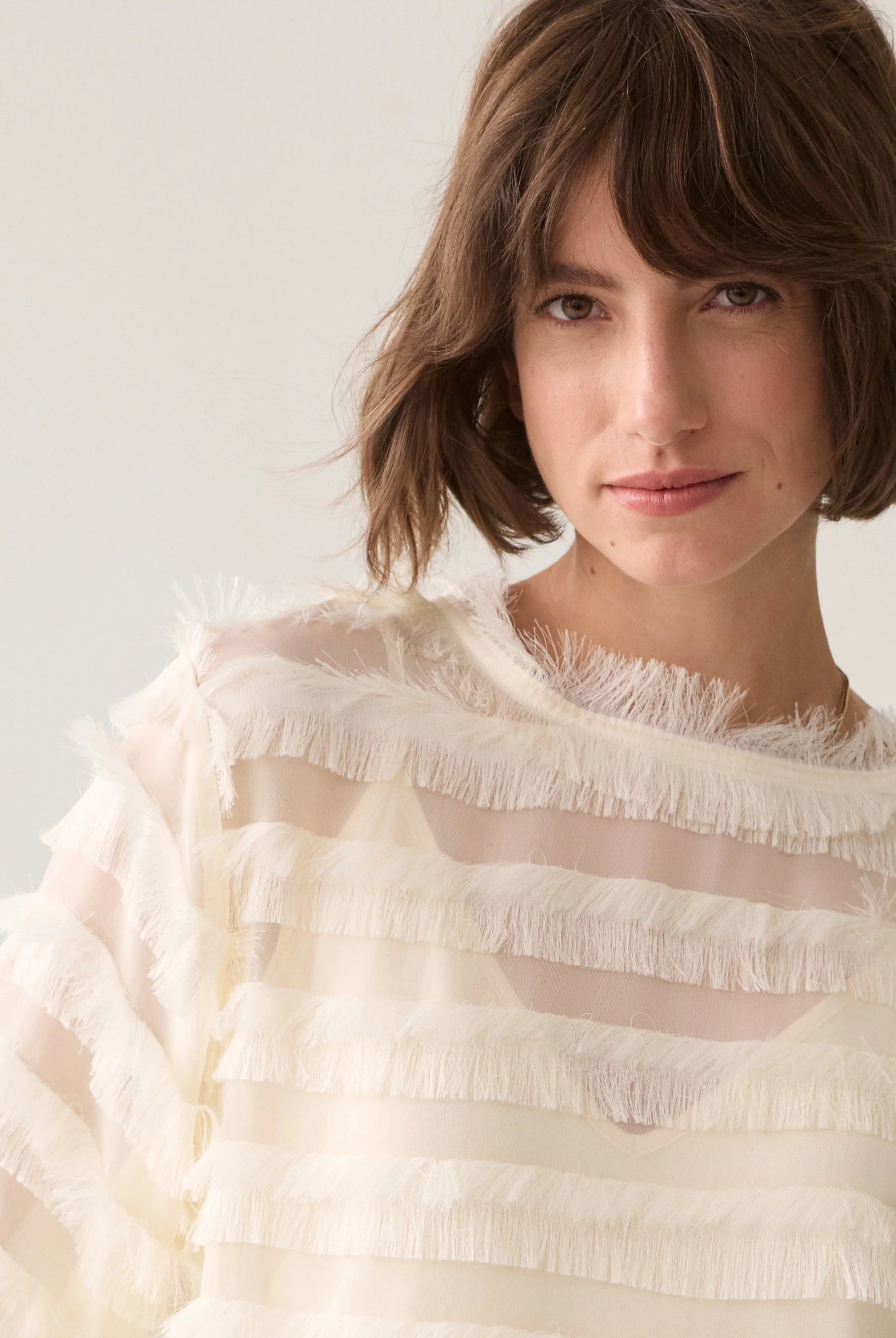 Summum cream sheer chenille stripe top close-up