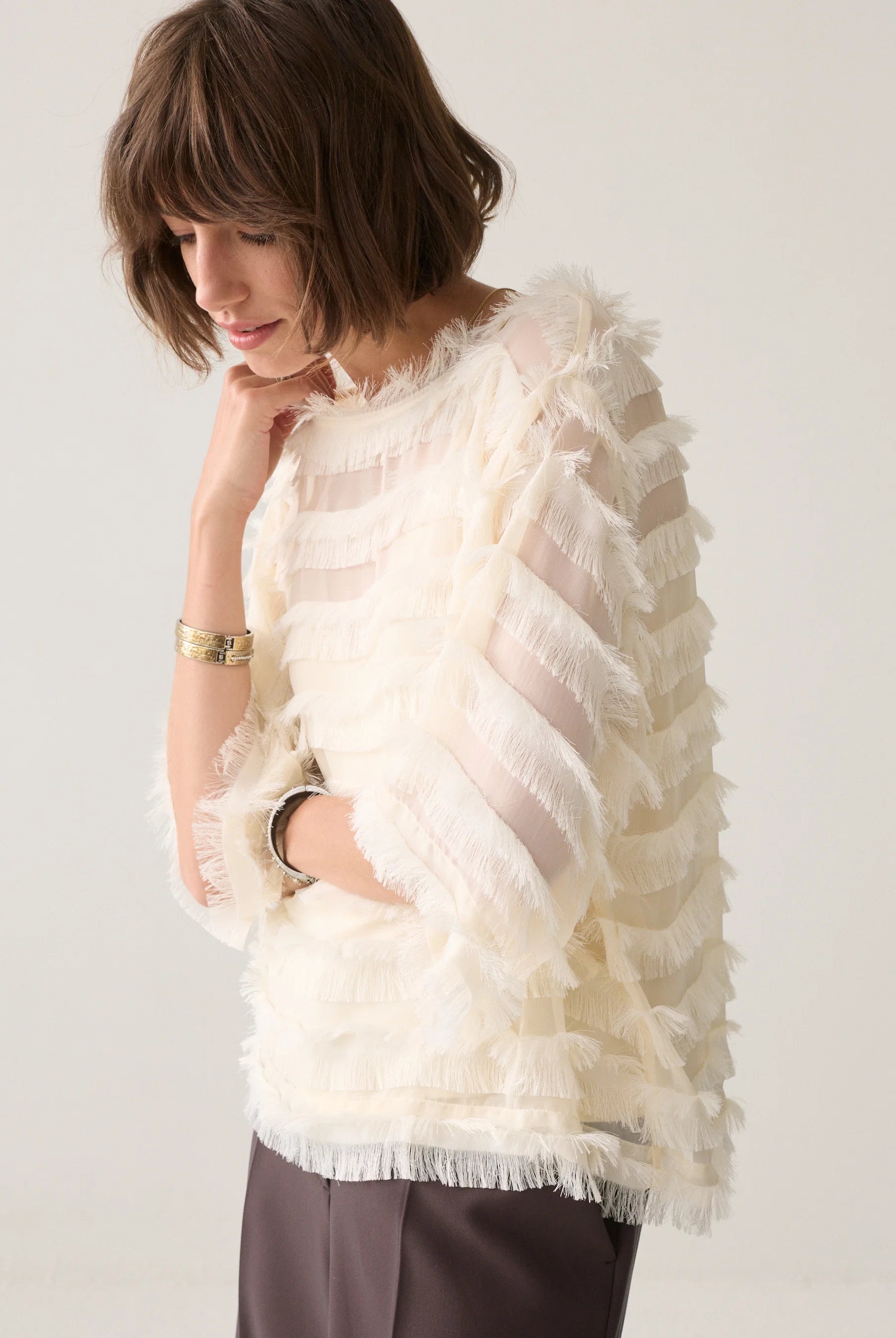 Summum cream sheer fringed top side view