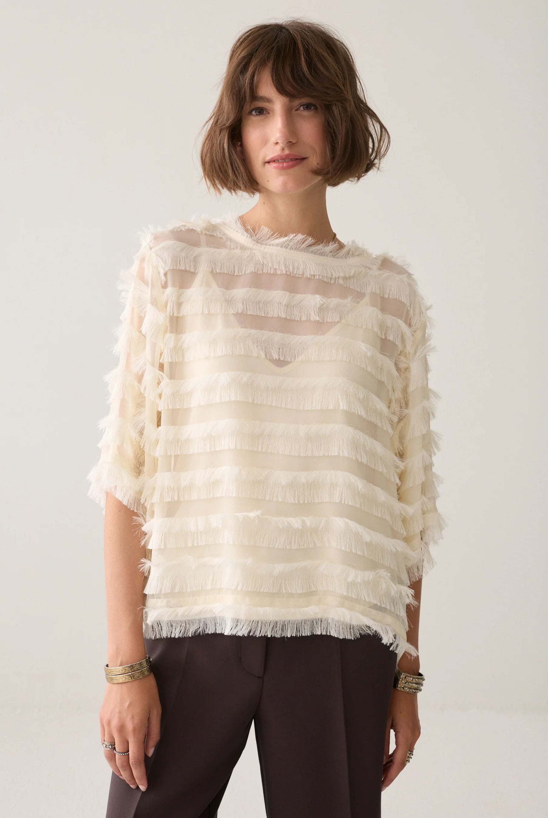 Summum cream sheer chenille stripe fringed top front view