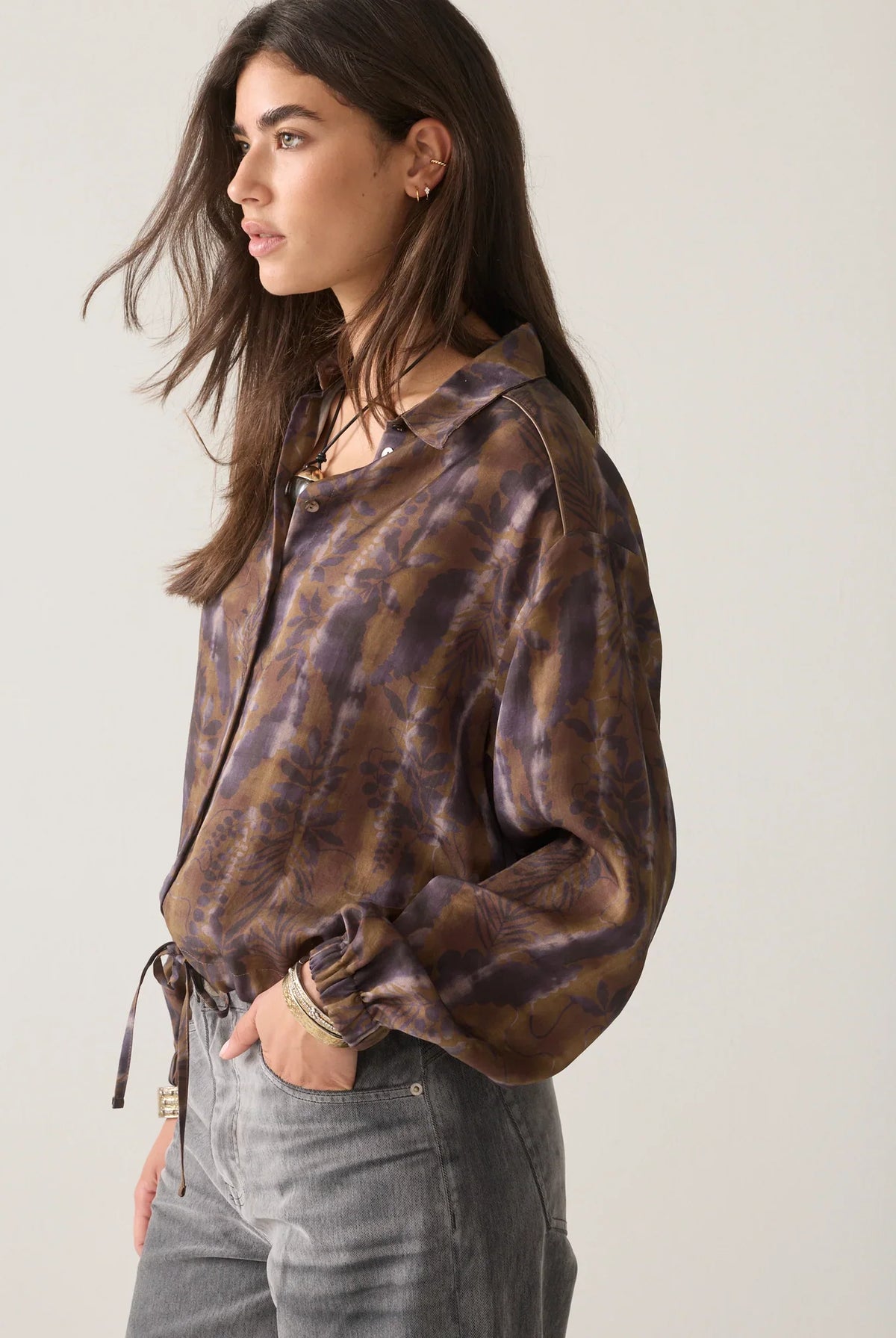 Summum long sleeve printed cropped blouse with adjustable drawstring hem – side view
