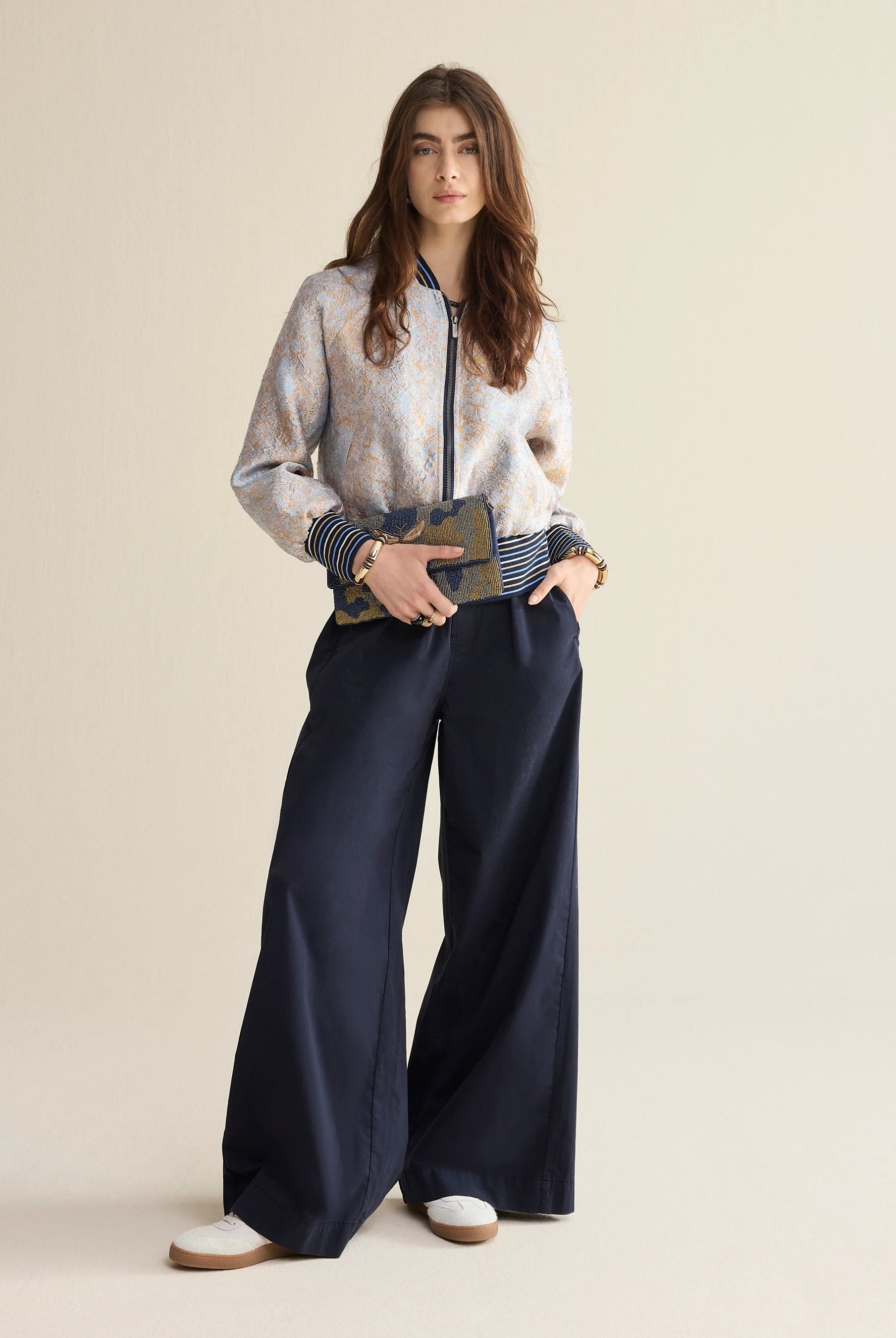 Summum wide leg cotton palazzo trousers with matching jacquard bomber jacket navy front view with pockets