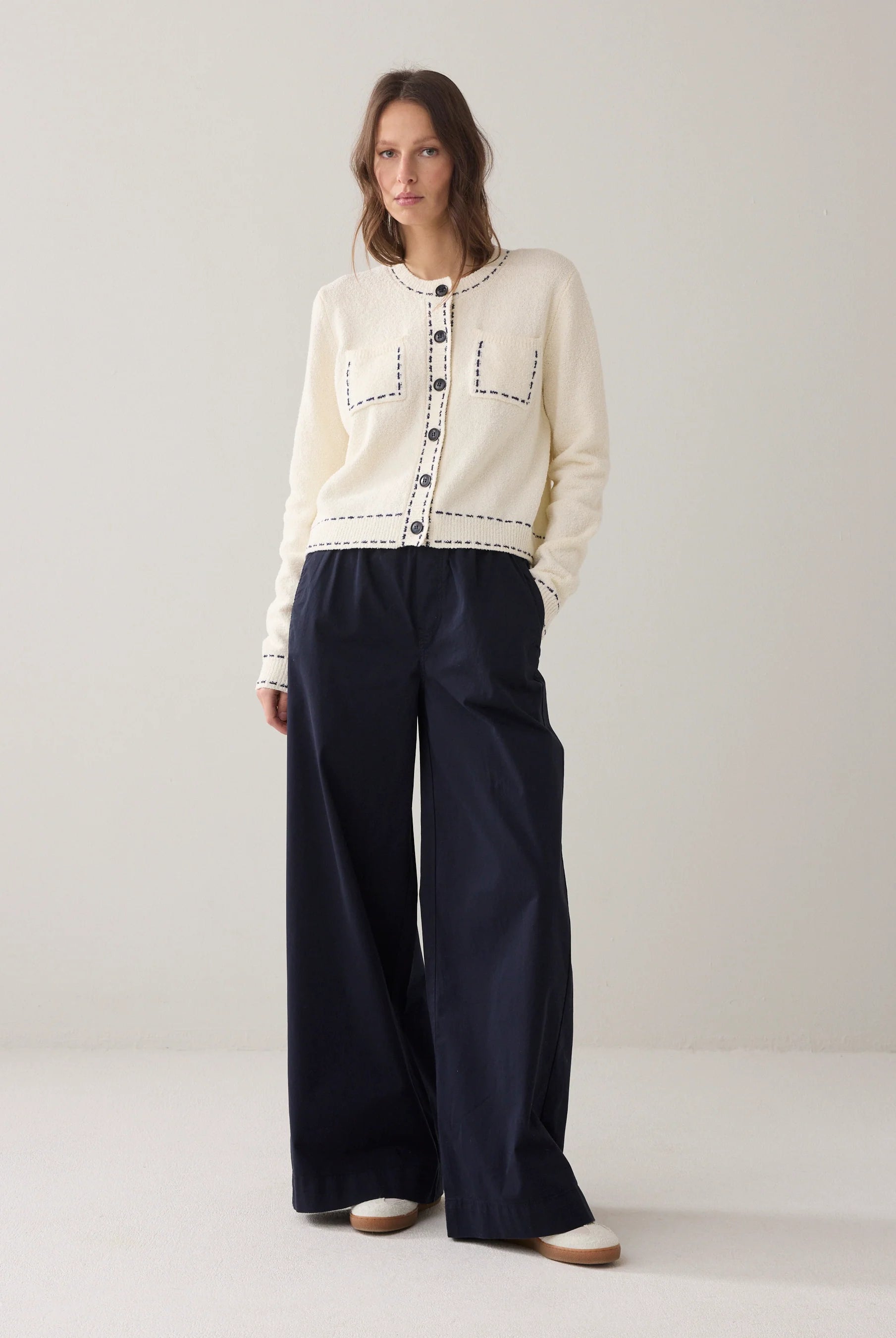 Summum wide leg palazzo trousers navy full length front outfit view