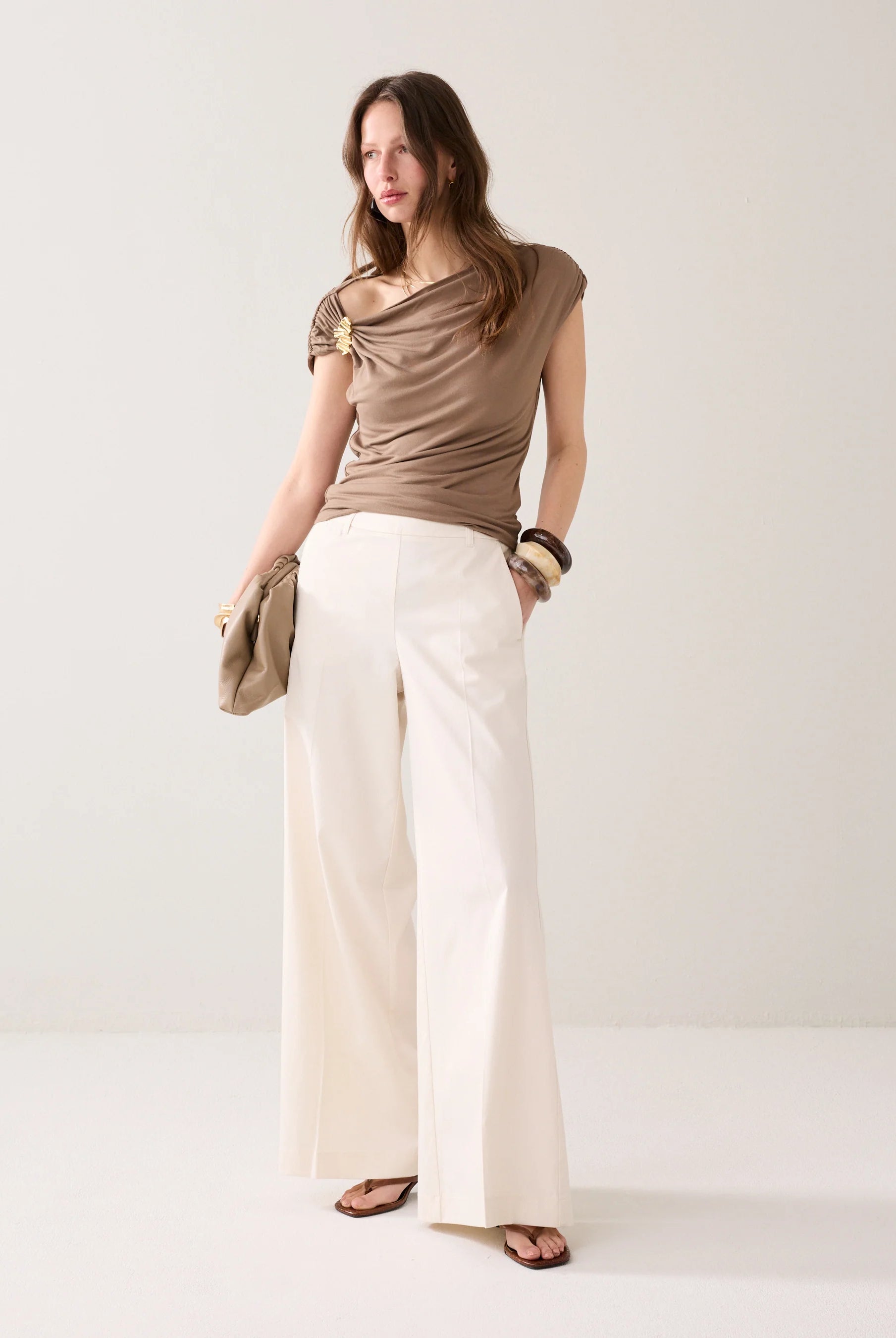 Summum cream straight leg wide trousers full length front view