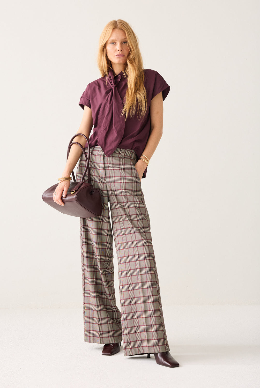 Summum burgundy grey check wide leg trousers front view