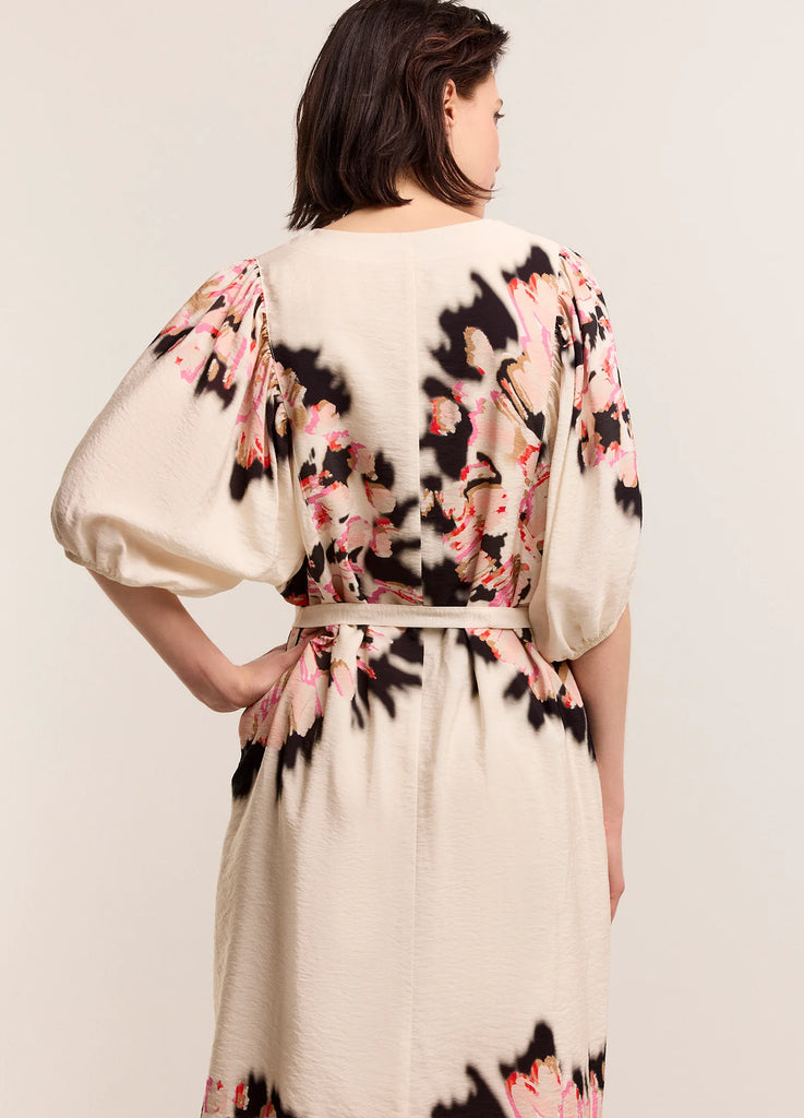 Summum Cream Abstract Floral Slash Neck Dress From Back