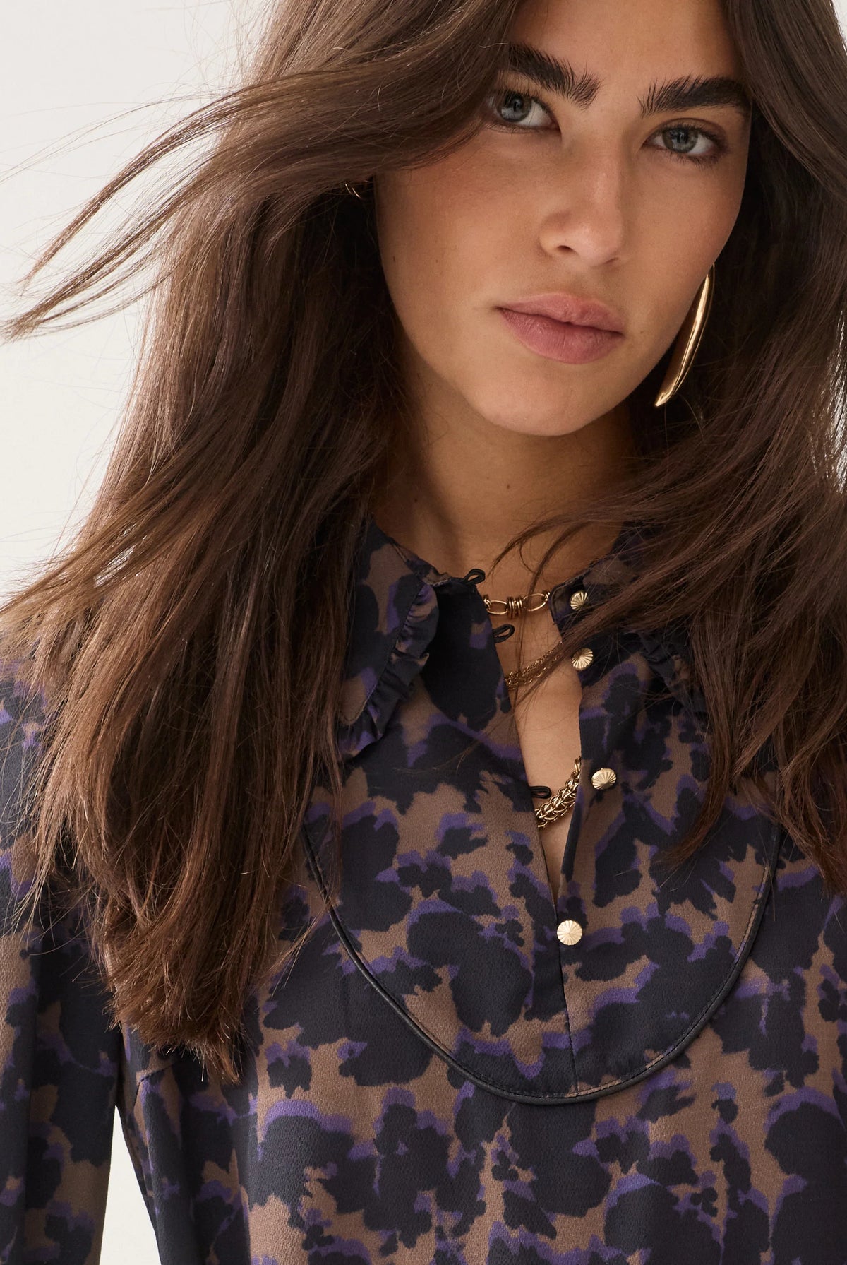 Summum black printed midi dress showing ruffled neckline and gold-tone buttons – close-up