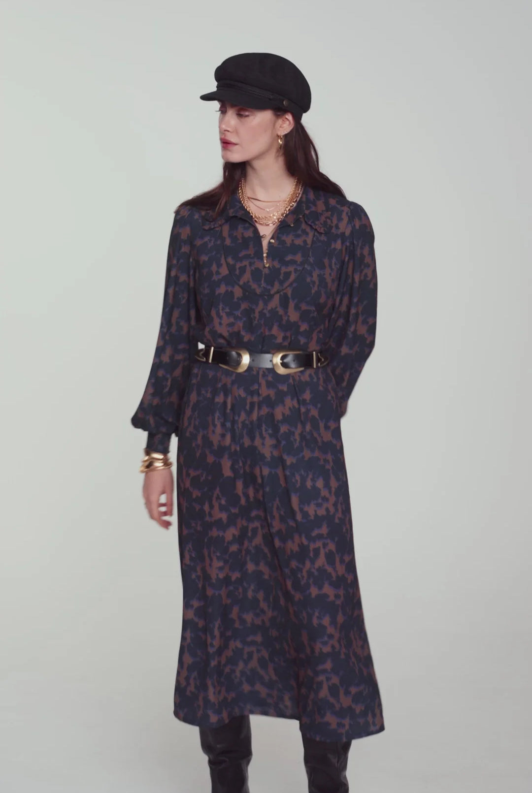 Summum black and brown camouflage print midi dress styled with a waist belt – full model view