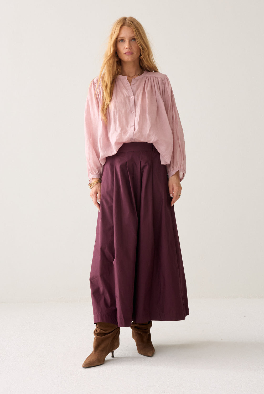Summum burgundy taffeta maxi skirt full length front
