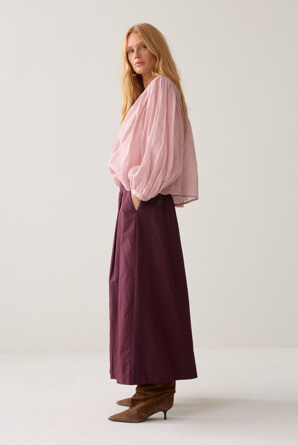 Summum burgundy taffeta maxi skirt profile view